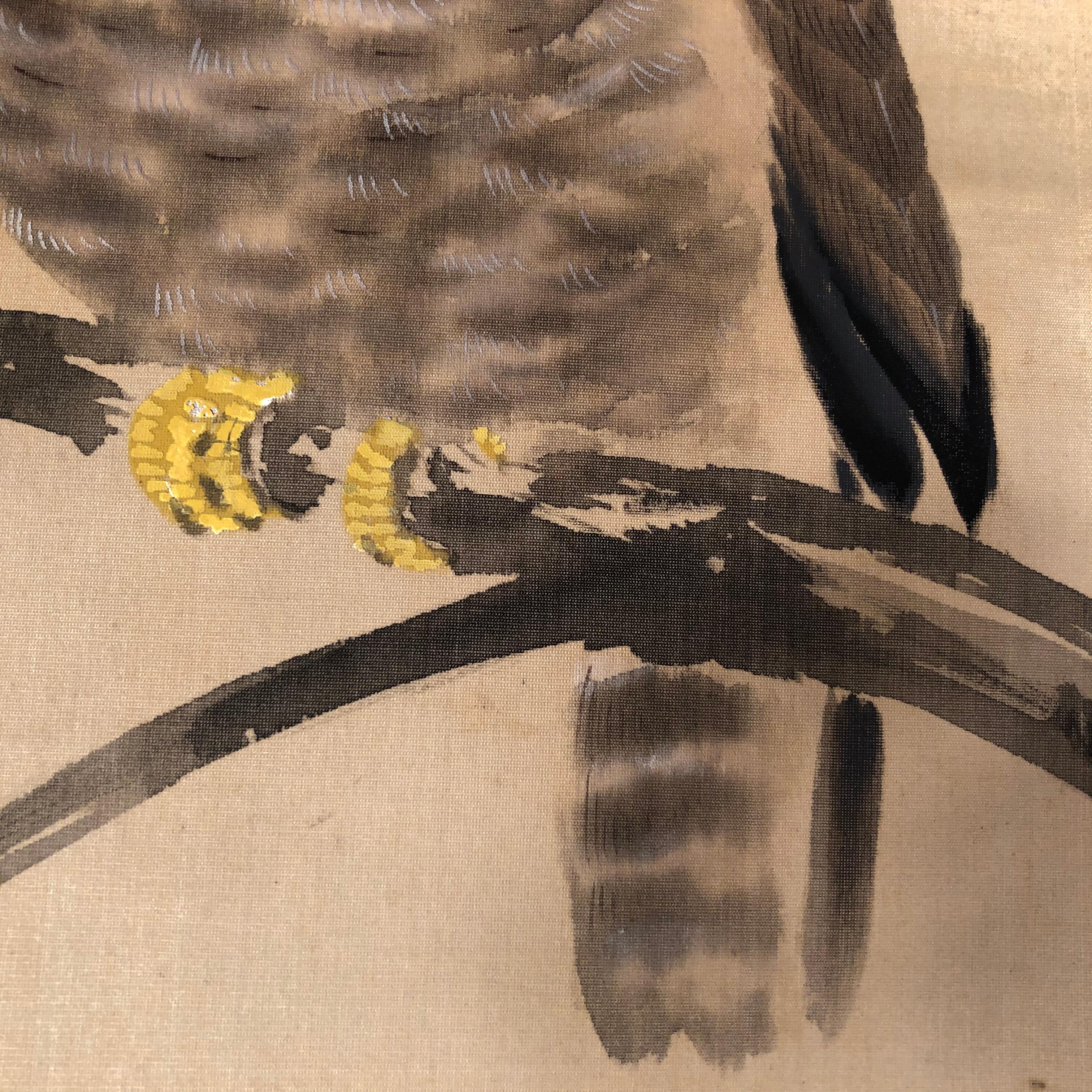 Japan Horn Owl Hand Painted Antique Silk Scroll Signed Keisen with Collector Box 1