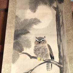 Japan Horn Owl Hand Painted Antique Silk Scroll Signed Keisen with Collector Box