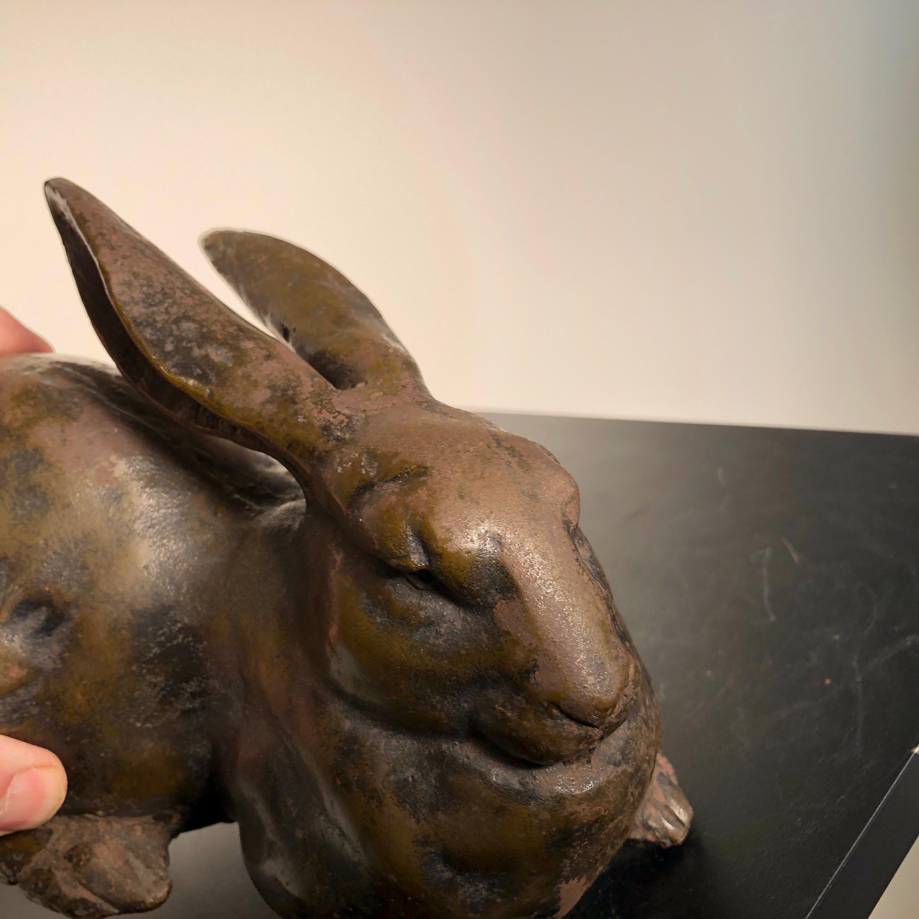 Japan Huge Antique Bronze Rabbit Usagi with Flappy Ears, Well Sculpted 3