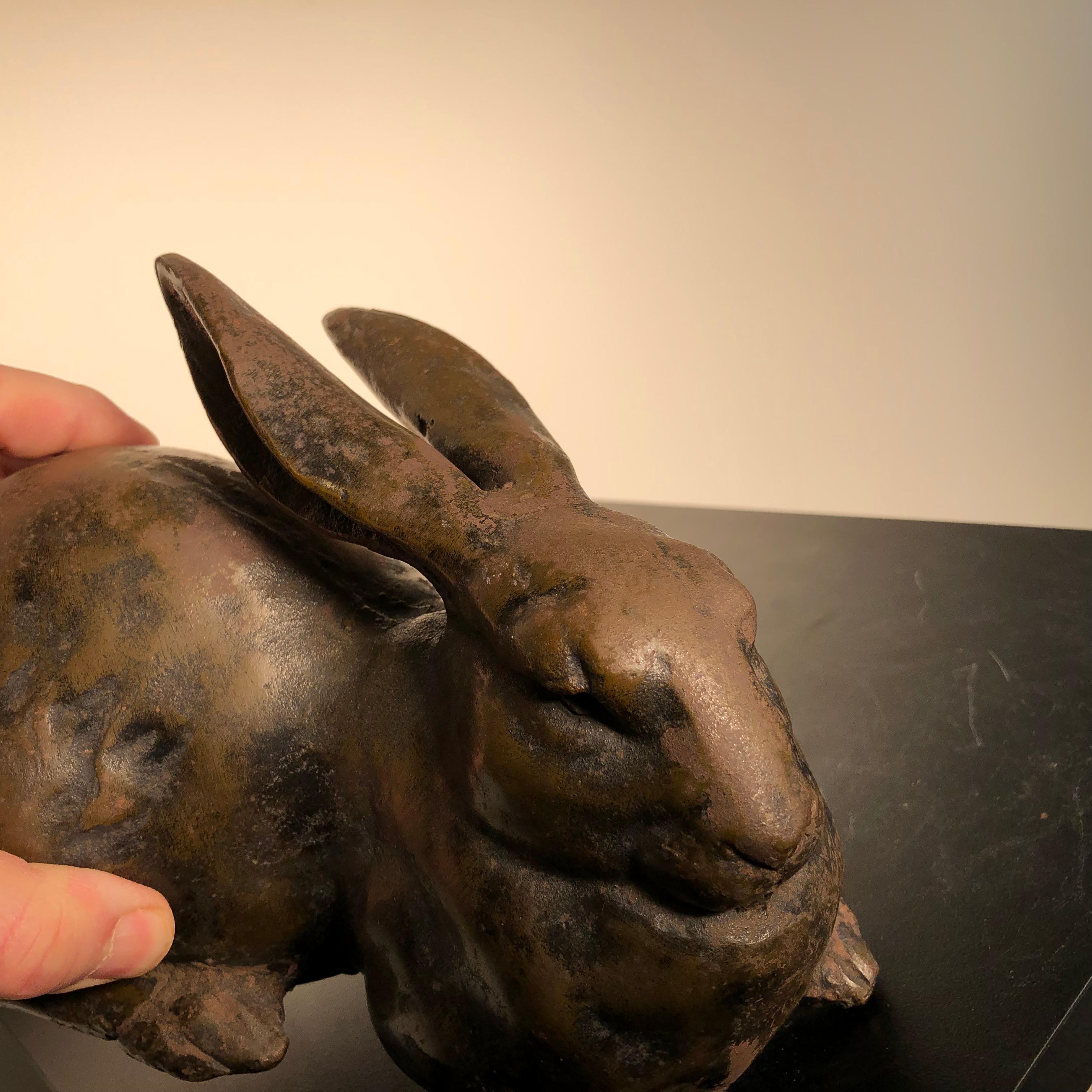 Japan Huge Antique Bronze Rabbit Usagi with Flappy Ears, Well Sculpted 2