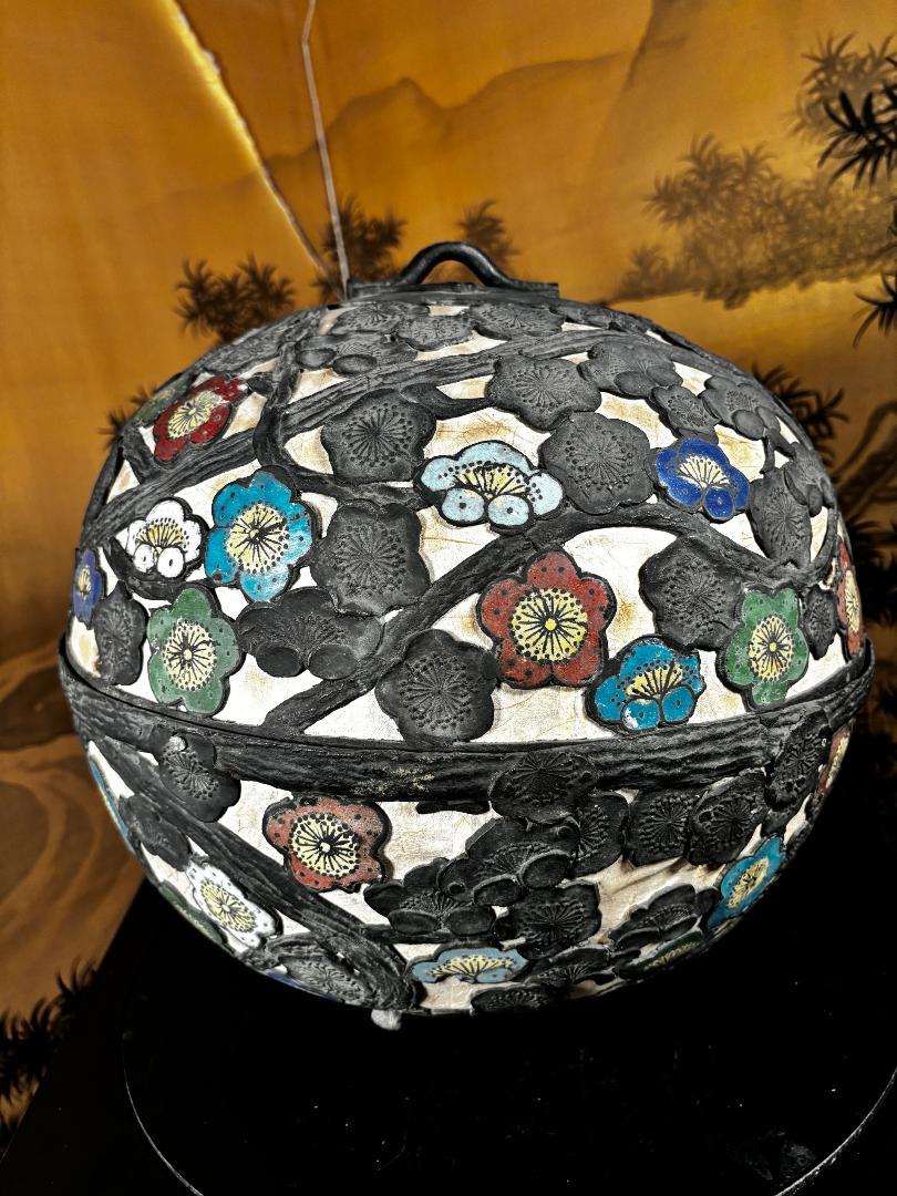 Meiji Japan Huge Antique Champleve Floral Bronze Orb Lantern, 19th Century For Sale
