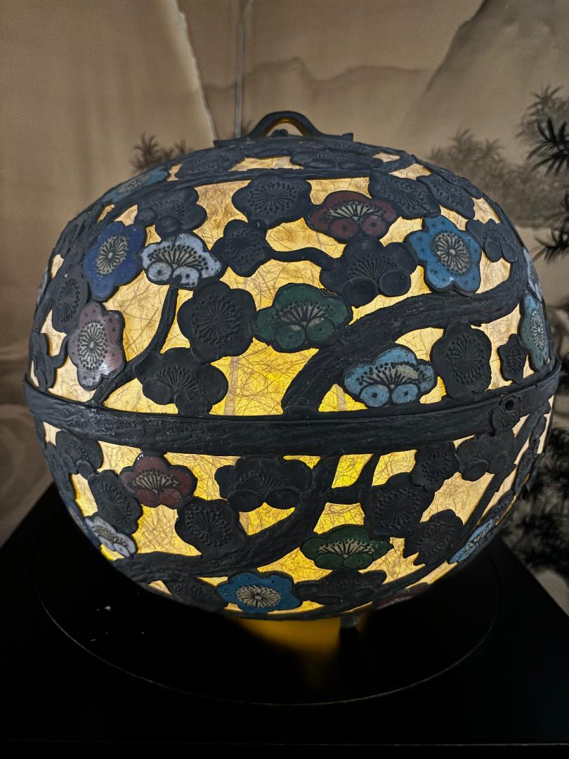 Japan Huge Antique Champleve Floral Bronze Orb Lantern, 19th Century For Sale 1