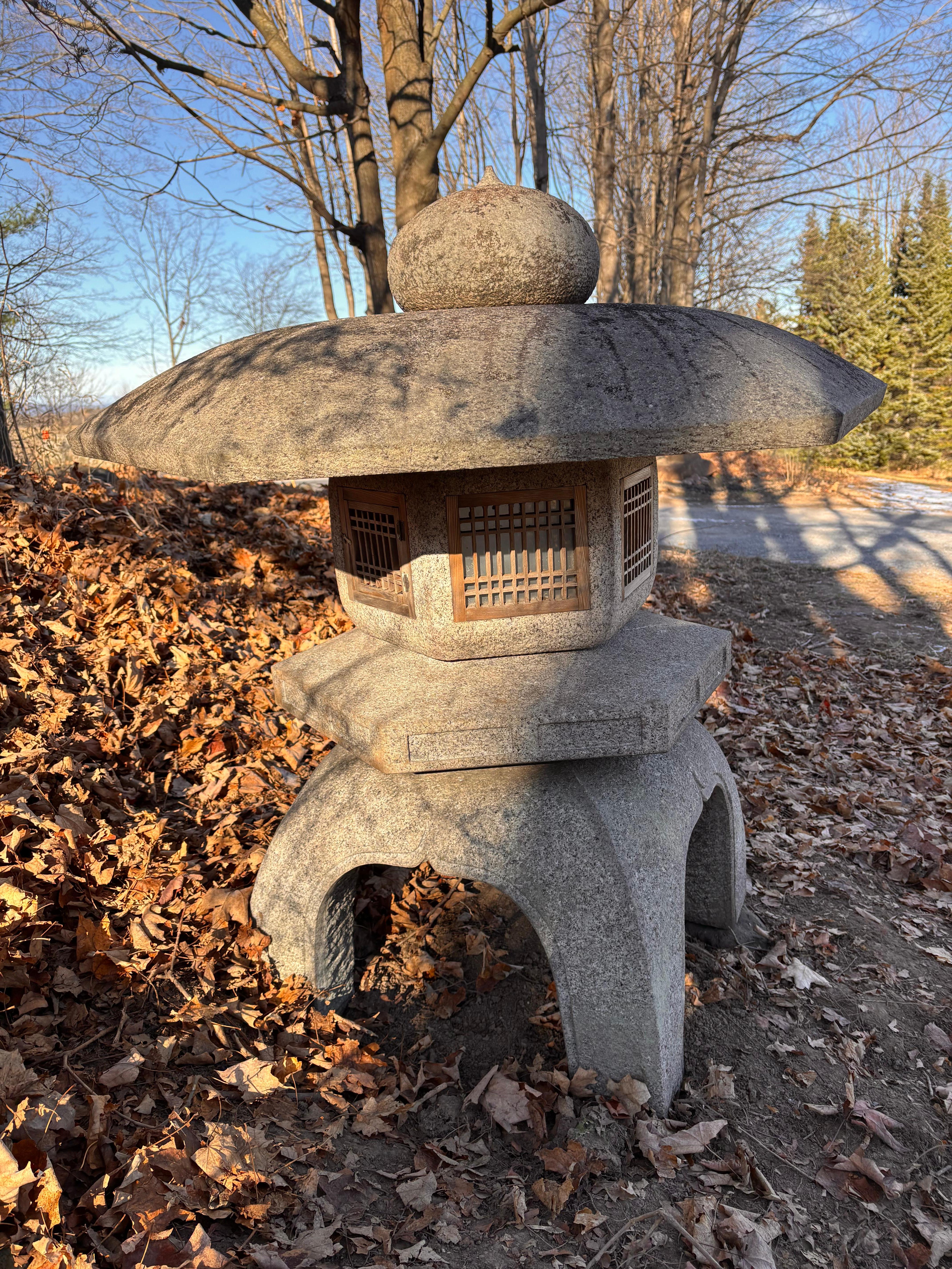 Hand-Crafted Japan Huge Old Stone Yukimi Lantern with Beautiful Details, 40 Inches
