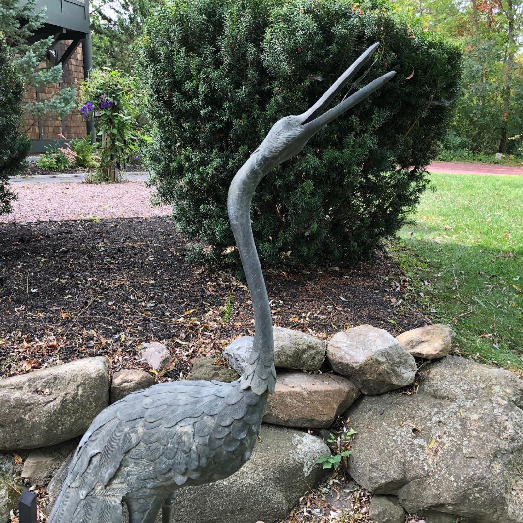 Japan Huge Pair of Cast Bronze Cranes Beautiful Feathers, Head Details In Good Condition In South Burlington, VT