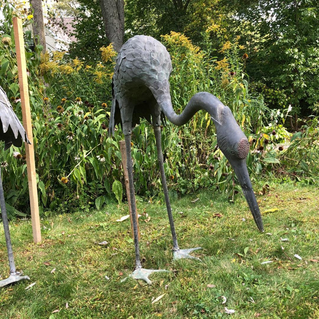 Japan Huge Pair of Cast Bronze Cranes Beautiful Feathers, Head Details 2