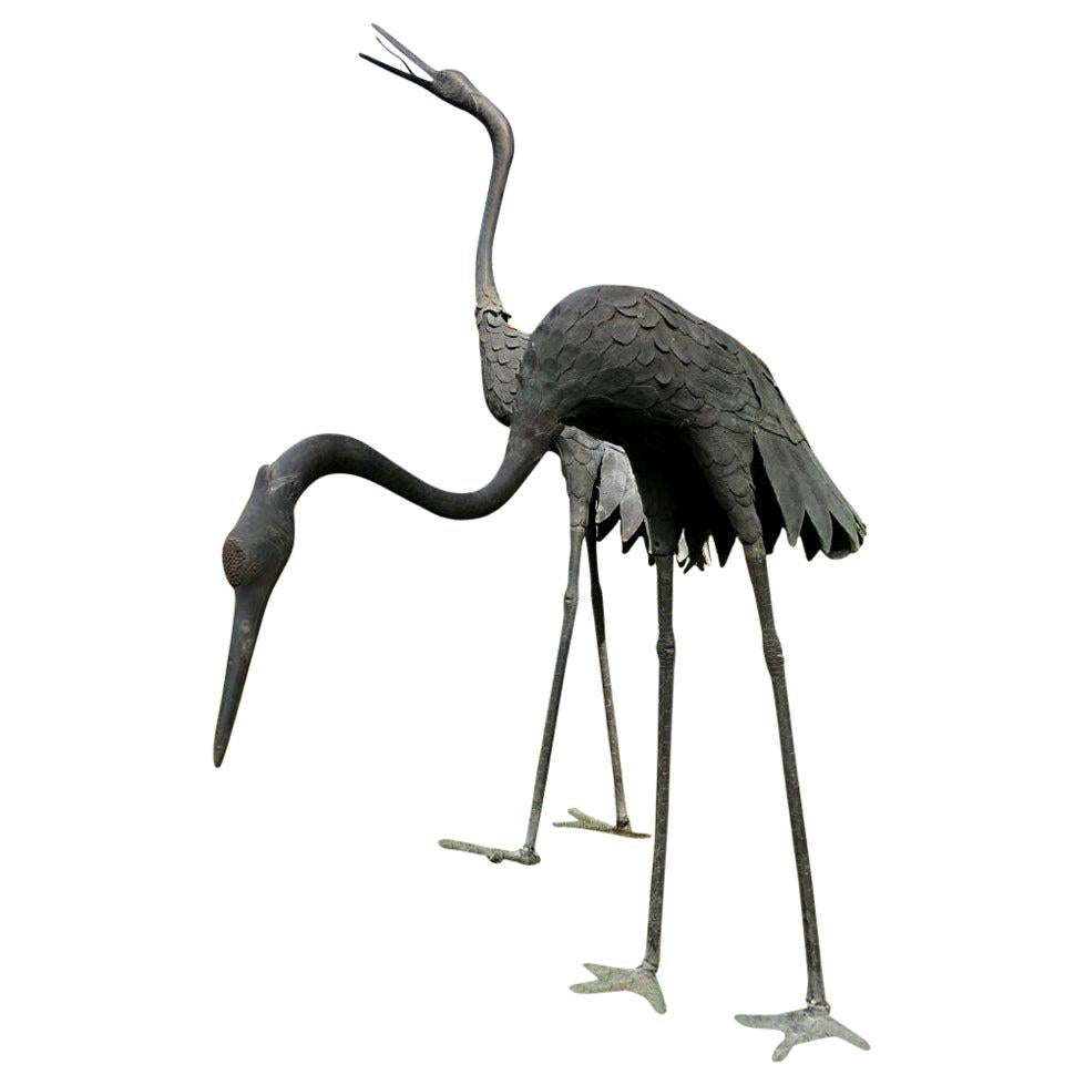 Japan Huge Pair of Cast Bronze Cranes Beautiful Feathers, Head Details