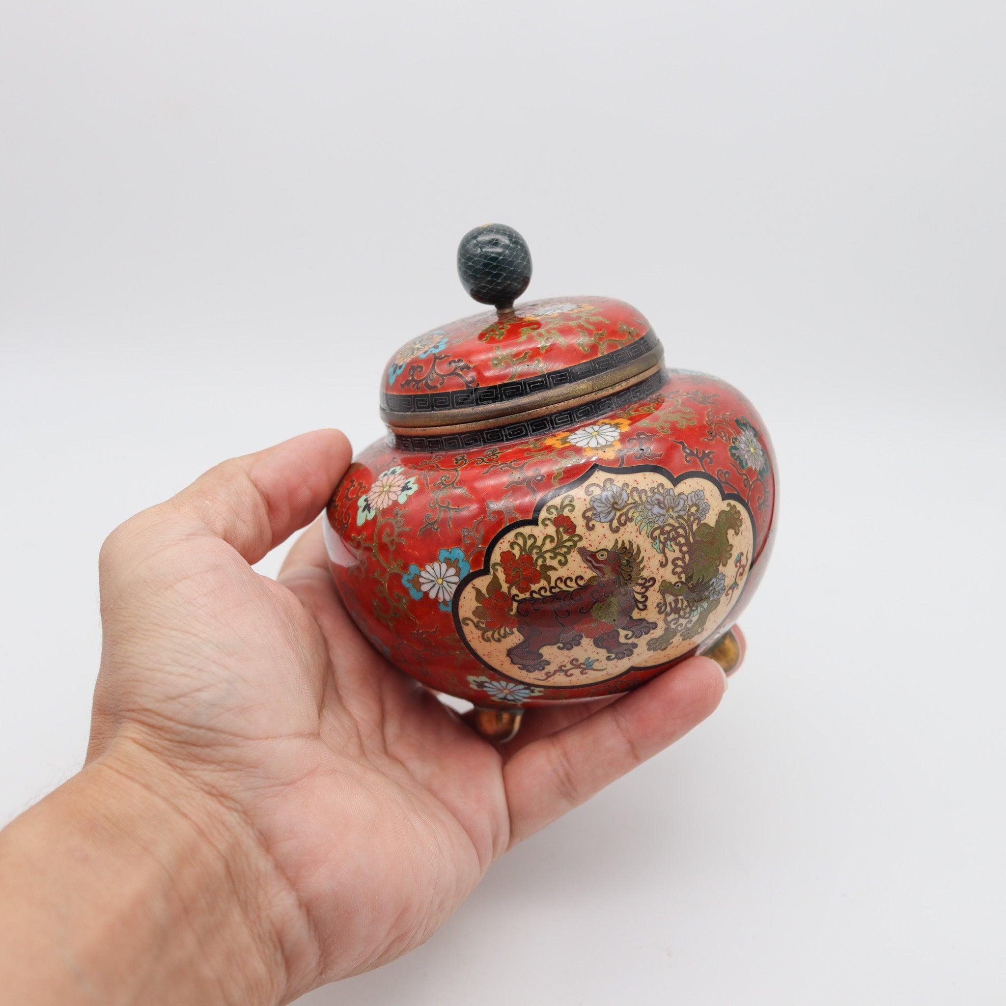 GIAPPONE IMPERIALE 1900 Periodo Meiji Tripode Koro Censer in Smalto Cloisonné Con in vendita 4