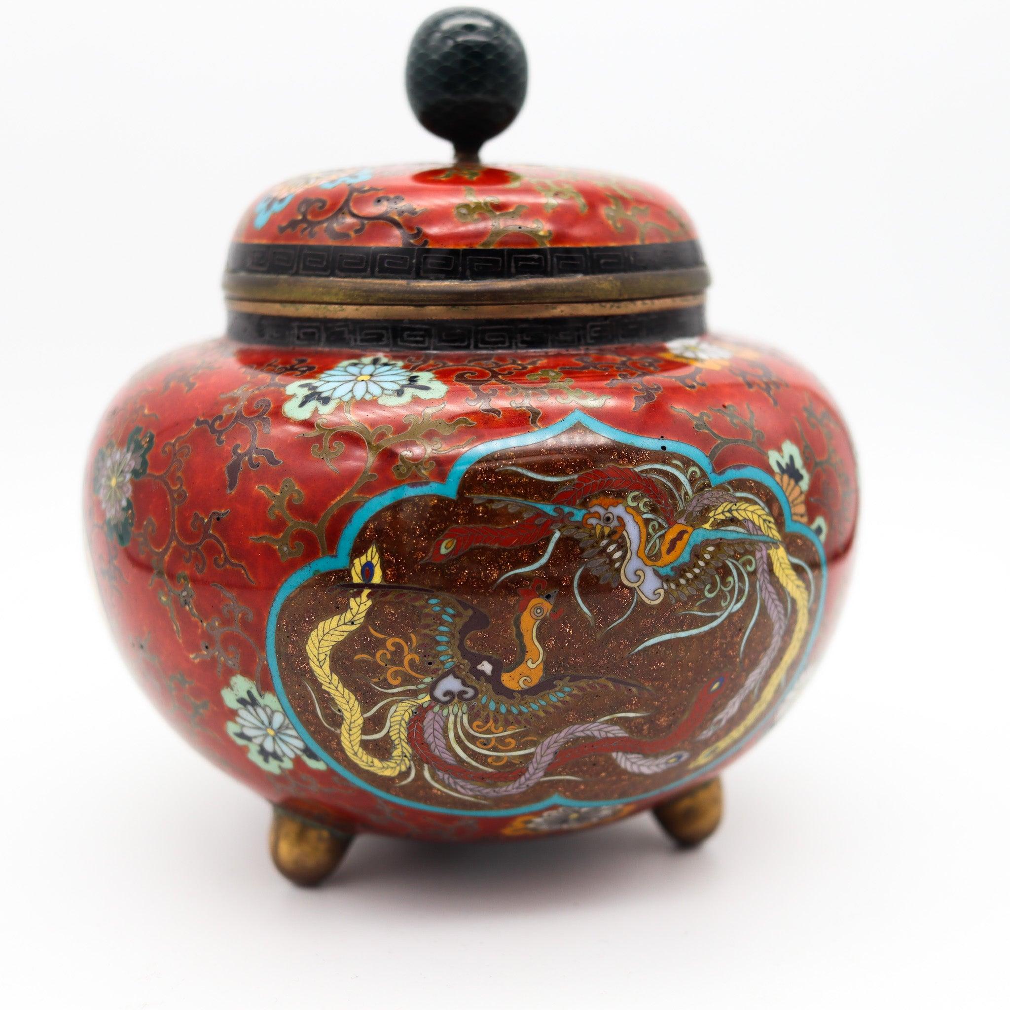 Argento GIAPPONE IMPERIALE 1900 Periodo Meiji Tripode Koro Censer in Smalto Cloisonné Con in vendita