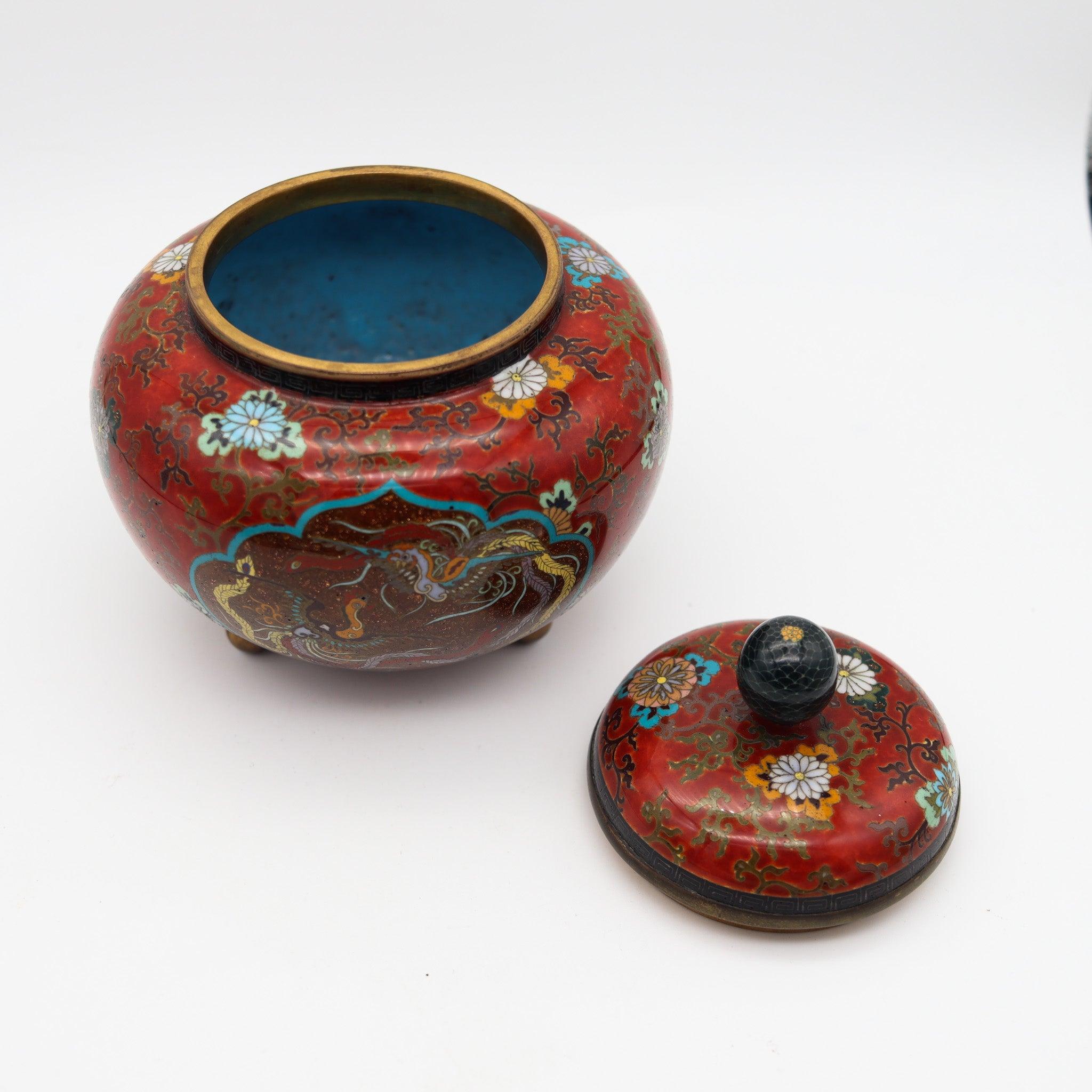 GIAPPONE IMPERIALE 1900 Periodo Meiji Tripode Koro Censer in Smalto Cloisonné Con in vendita 2