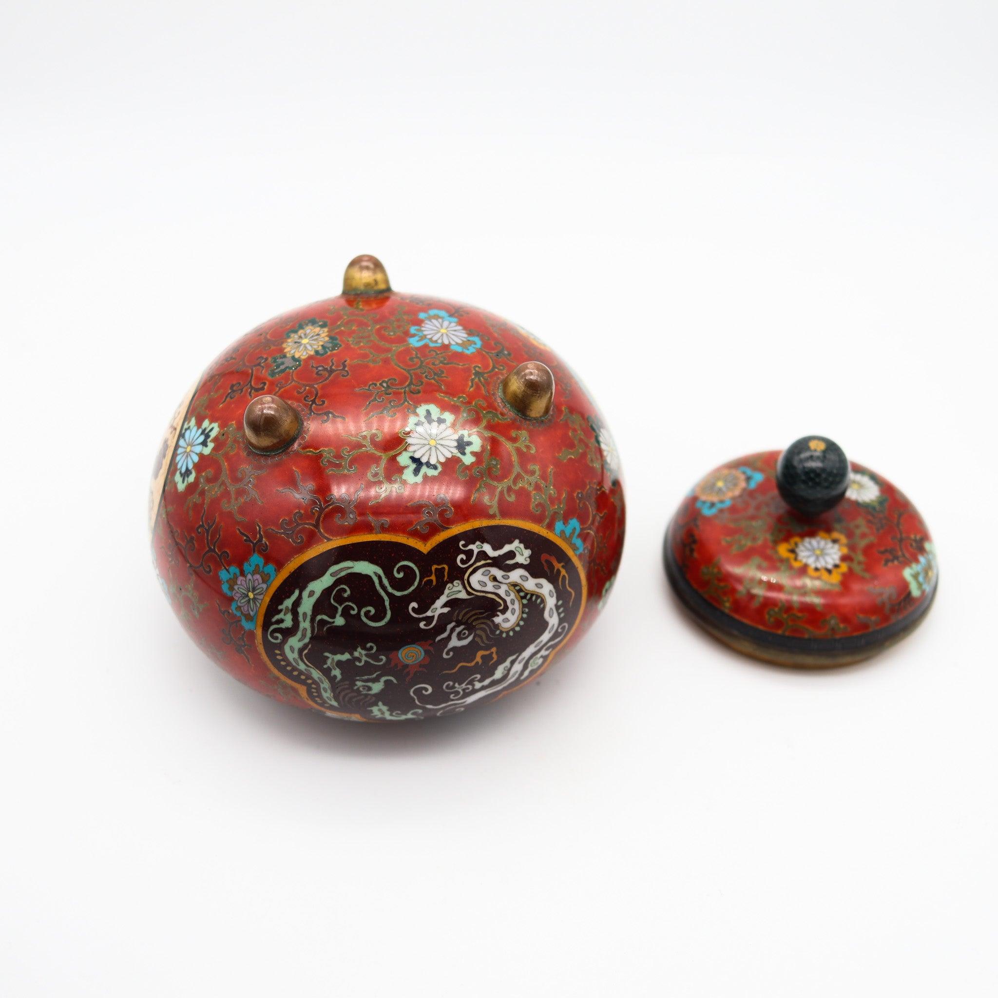 GIAPPONE IMPERIALE 1900 Periodo Meiji Tripode Koro Censer in Smalto Cloisonné Con in vendita 3