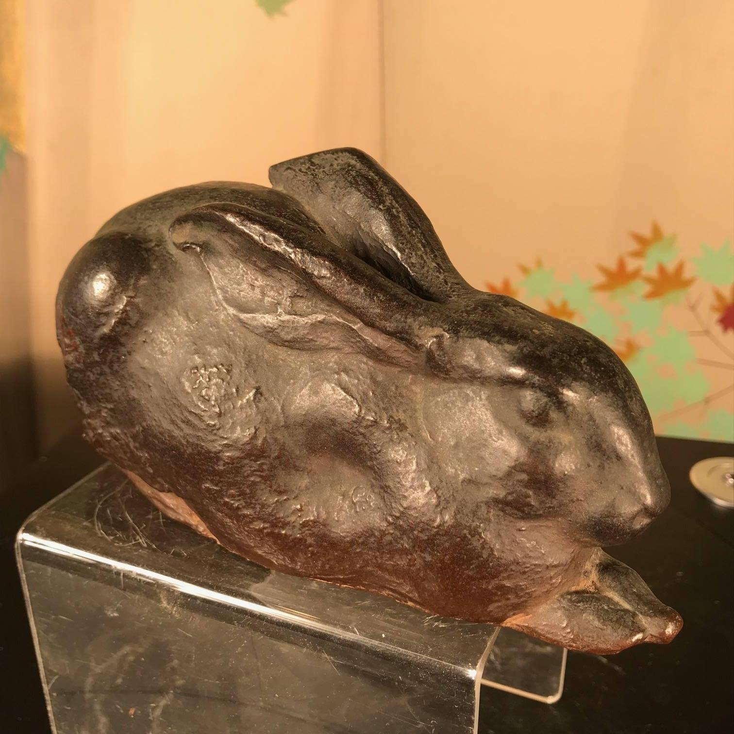 Japanese Japan Important Antique Bronze Crouching Rabbit Usagi Signed Meiji, 19th Century