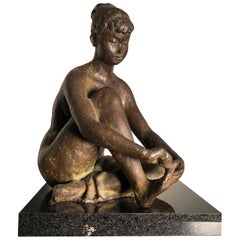 Japan Important Hand Cast Bronze Young Nude Woman by Yano Signed Boxed