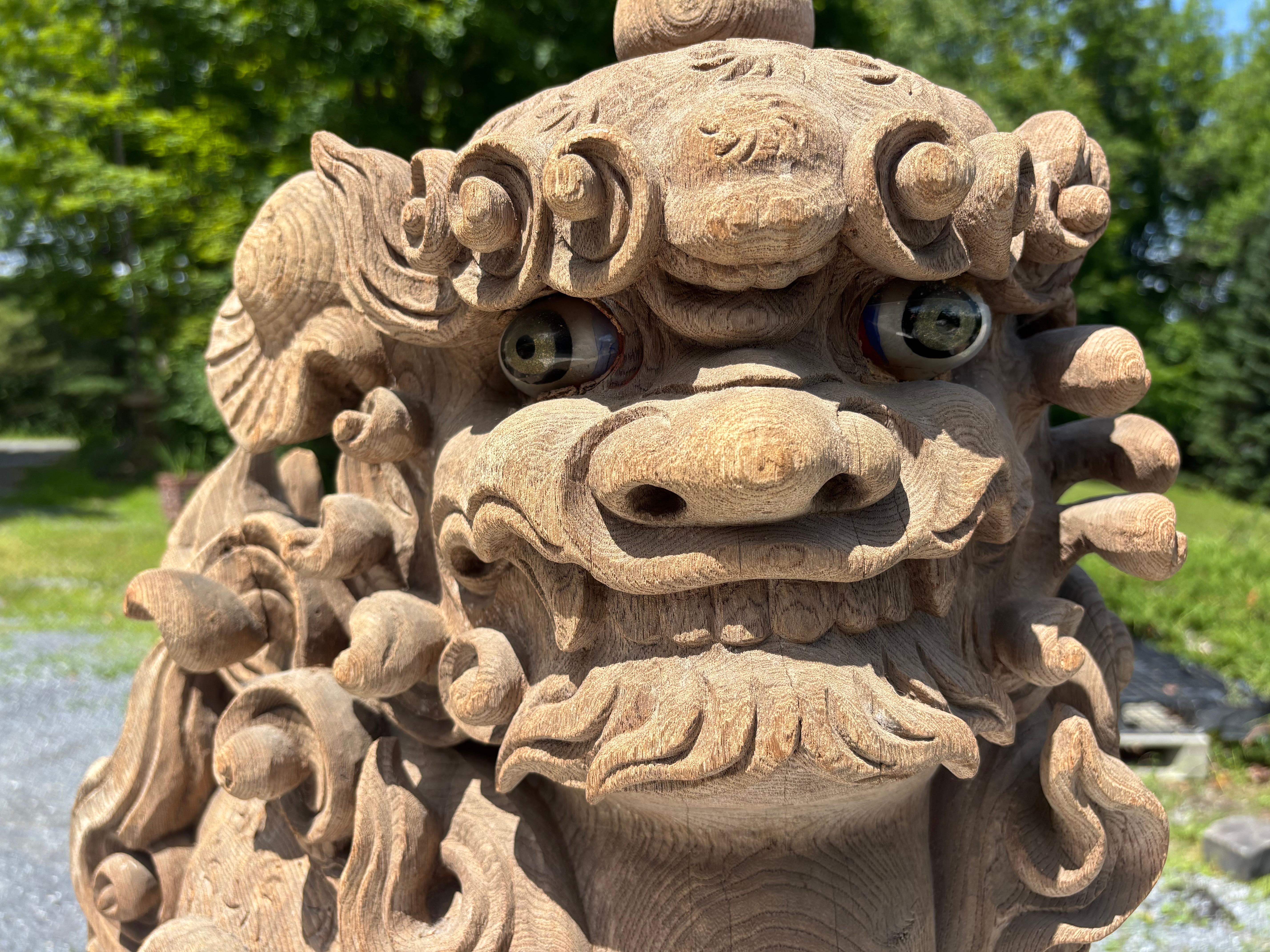 Sculpté à la main Importante paire de lions du début du temple Shinto sculptés à la main, 18ème siècle en vente