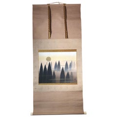 Japan Important "Majestic Evergreens And Golden Moon" Silk Scroll Hand Painted