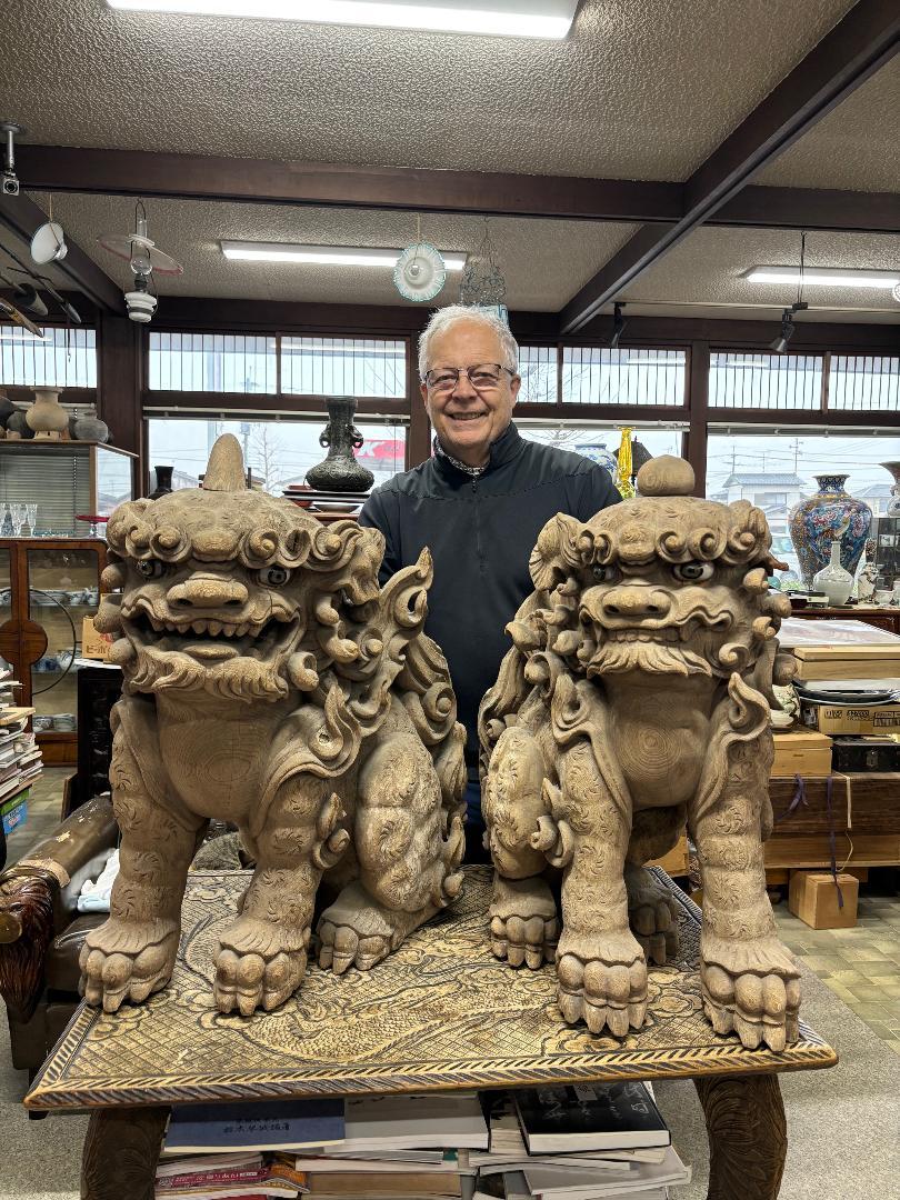 Just discovered and coming from a Shinto Shrine deaccession

Call or message us for details or to reserve.

Japan an early and superb pair (2) of mythical Shi Shi Temple Foo Dogs also known as Komainu, hand-carved in keyaki wood with original glass