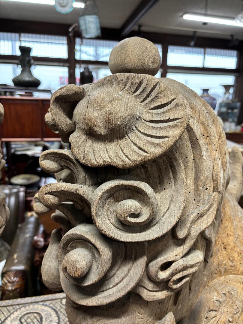 Wood Japan Important Large Pair Early Shinto Temple Lions Hand-Carved, 18th Century For Sale