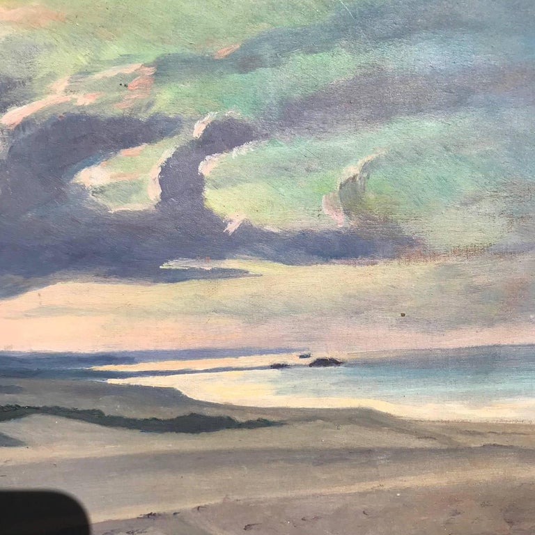 Hand-Painted Japan Inviting  Along Shore Sunset Oil Painting, S. Akiyama