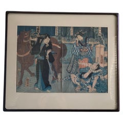 Japan Kabuki Actors Orig Vintage Print by Toyohara Kunichika (1835-1900) Framed