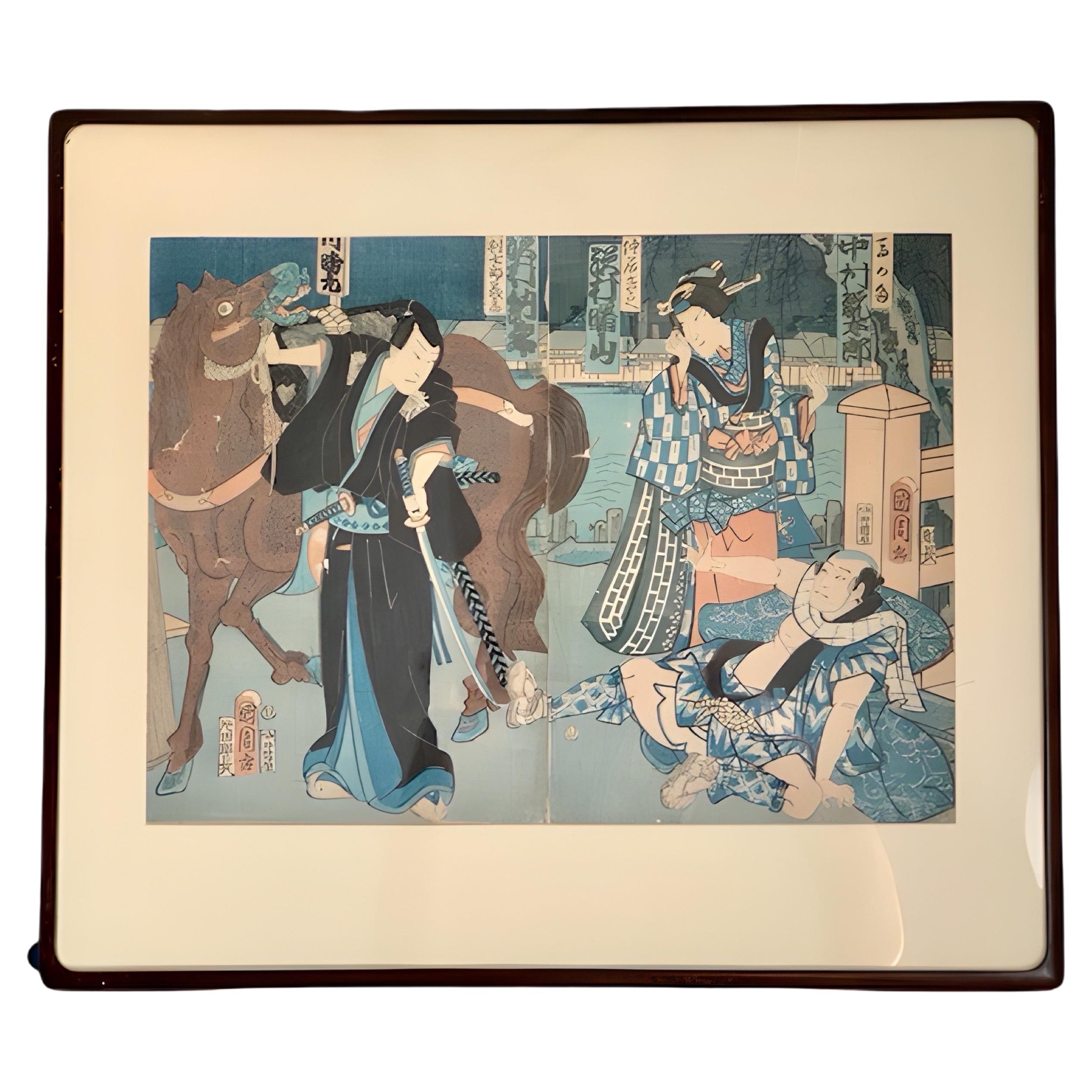 Japon Acteurs de Kabuki Origine Gravure Vintage de Kunichika Kunichika (1835-1900) Encadré