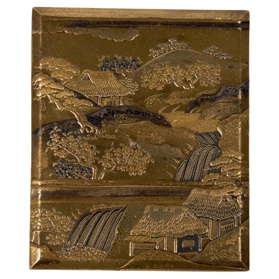Japanese Sagemono Inro box with a maki-e decor of a Samuari in a lake ...