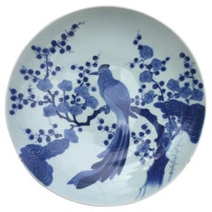 Japan Large Antique "BIRD CHARGER" Hand Painted Blue and White Porcelain
