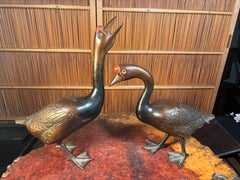 Japan Large Antique Cast Bronze Pair Red Knob Garden Geese, Beautiful Details