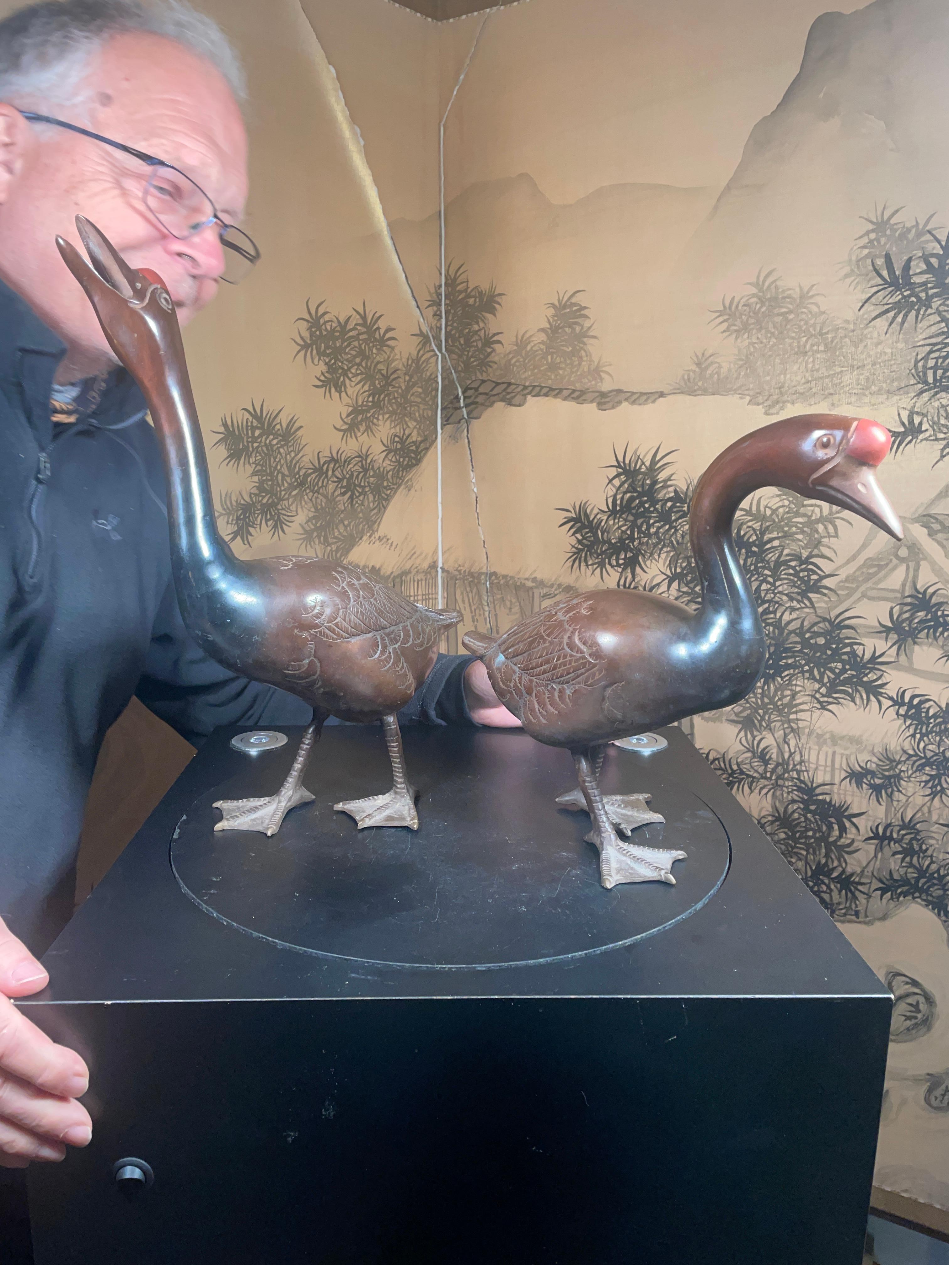 Taisho Japan Large Antique Cast Bronze Pair Red Knob Garden Geese, Beautiful Details