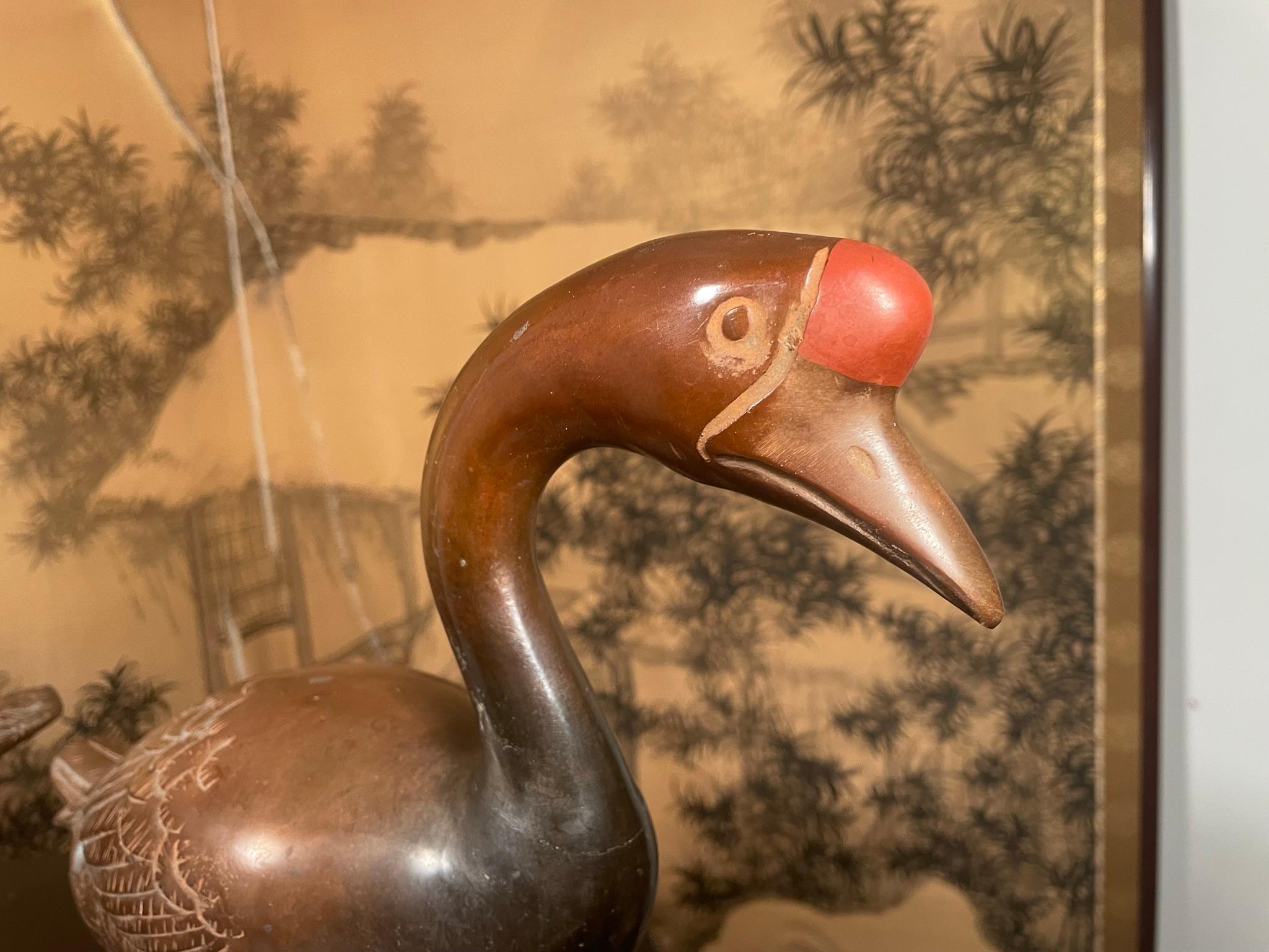 Japanese Japan Large Antique Cast Bronze Pair Red Knob Garden Geese, Beautiful Details