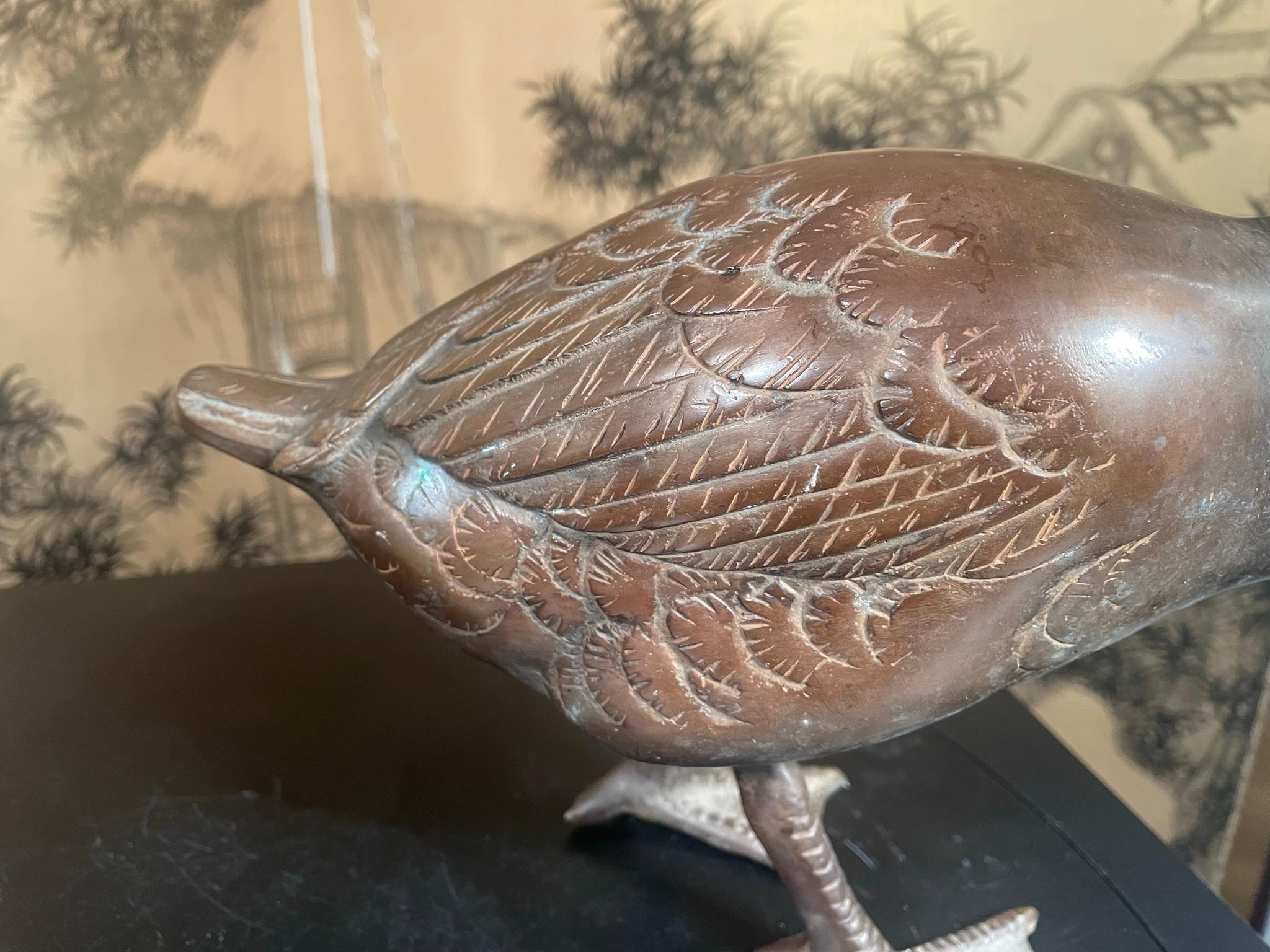 20th Century Japan Large Antique Cast Bronze Pair Red Knob Garden Geese, Beautiful Details