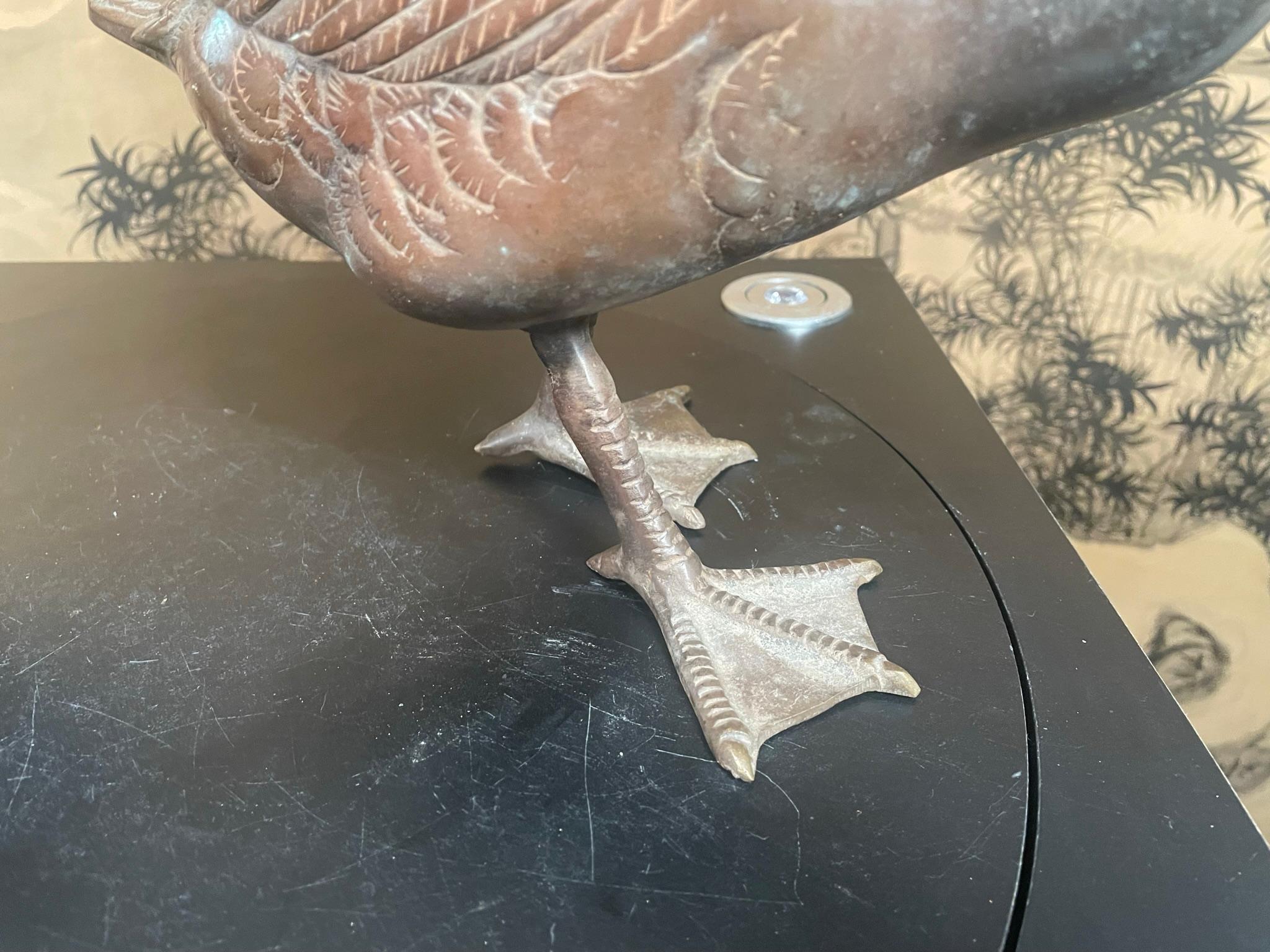 Japan Large Antique Cast Bronze Pair Red Knob Garden Geese, Beautiful Details 1