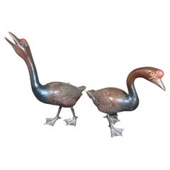 Japan Large Antique Cast Bronze Pair Red Knob Garden Geese, Beautiful Details