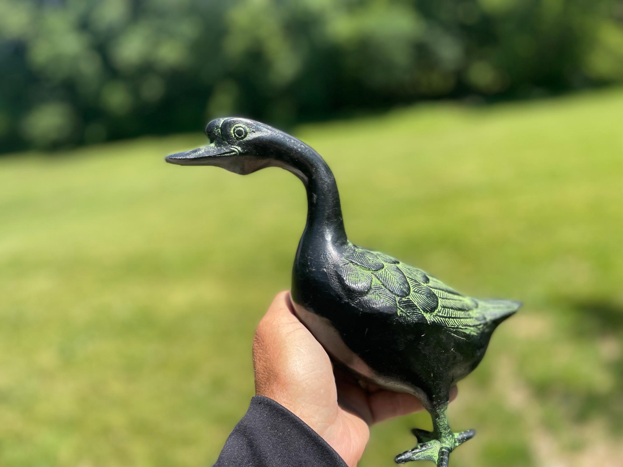 Japan Large Antique Cast Ebony Pair Garden Ducks, Beautiful Details 5