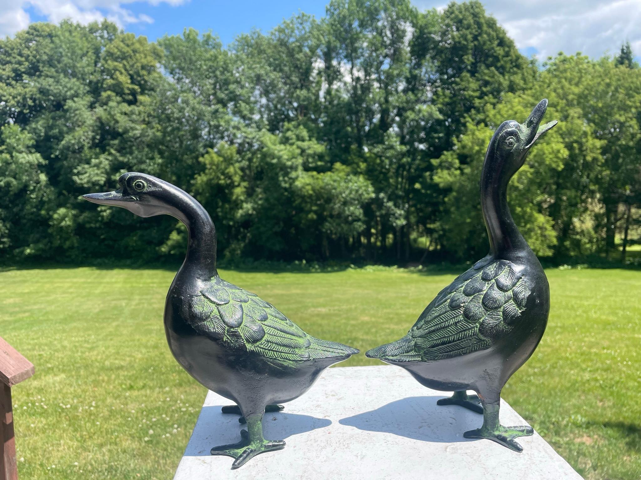 Japanese Japan Large Antique Cast Ebony Pair Garden Ducks, Beautiful Details