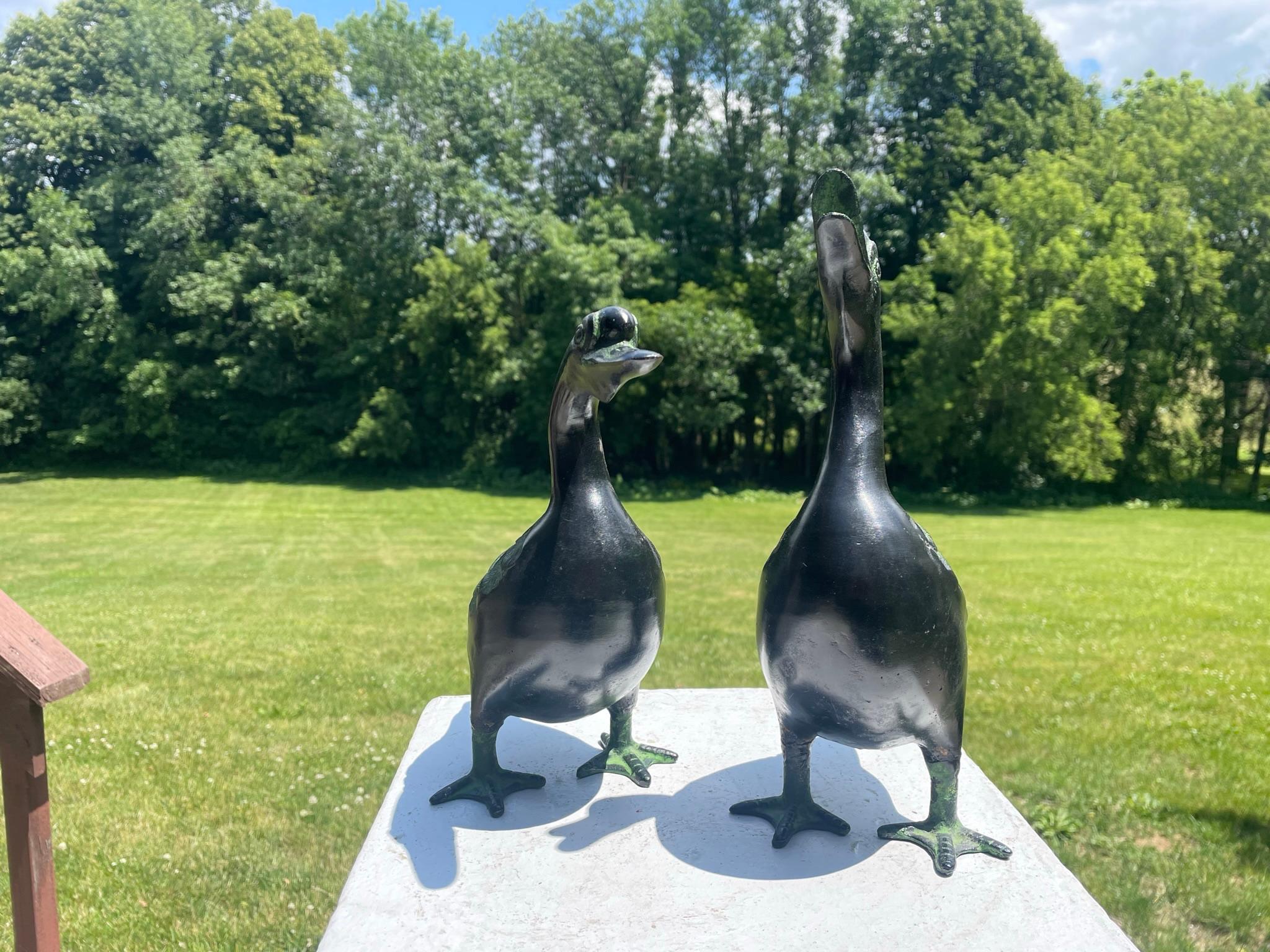 Japan Large Antique Cast Ebony Pair Garden Ducks, Beautiful Details In Good Condition In South Burlington, VT
