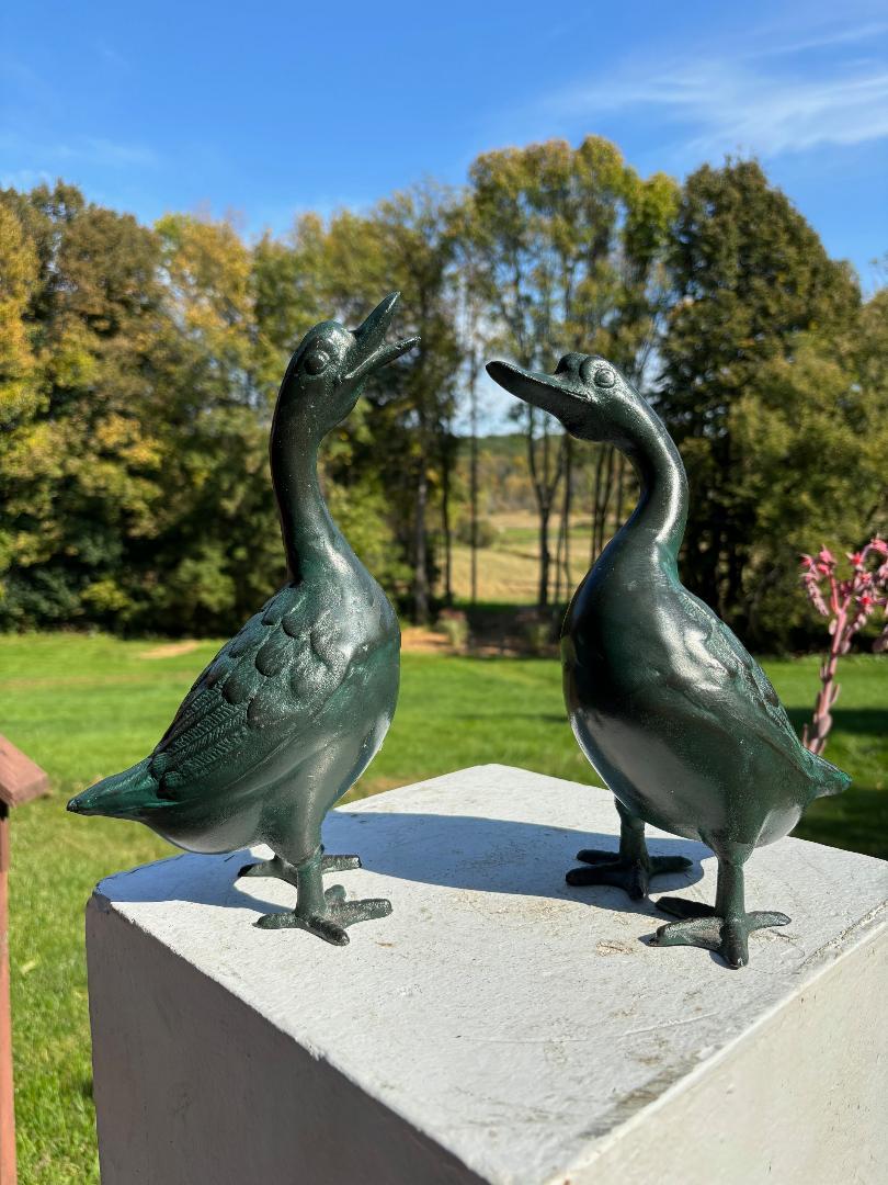 Showa Japan Antique Cast Pair Garden Ducks, Beautiful Details For Sale