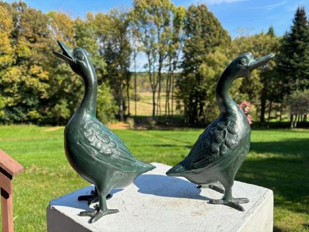 Japanese Japan Antique Cast Pair Garden Ducks, Beautiful Details For Sale