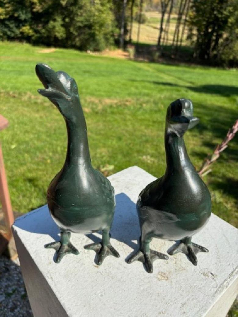 Iron Japan Antique Cast Pair Garden Ducks, Beautiful Details For Sale
