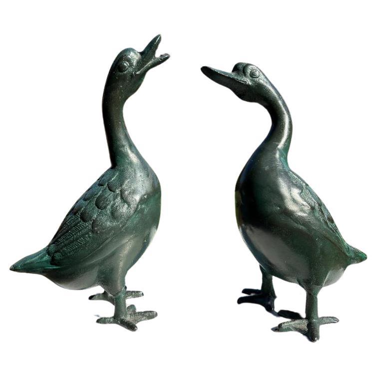 Japan Antique Cast Pair Garden Ducks, Beautiful Details For Sale