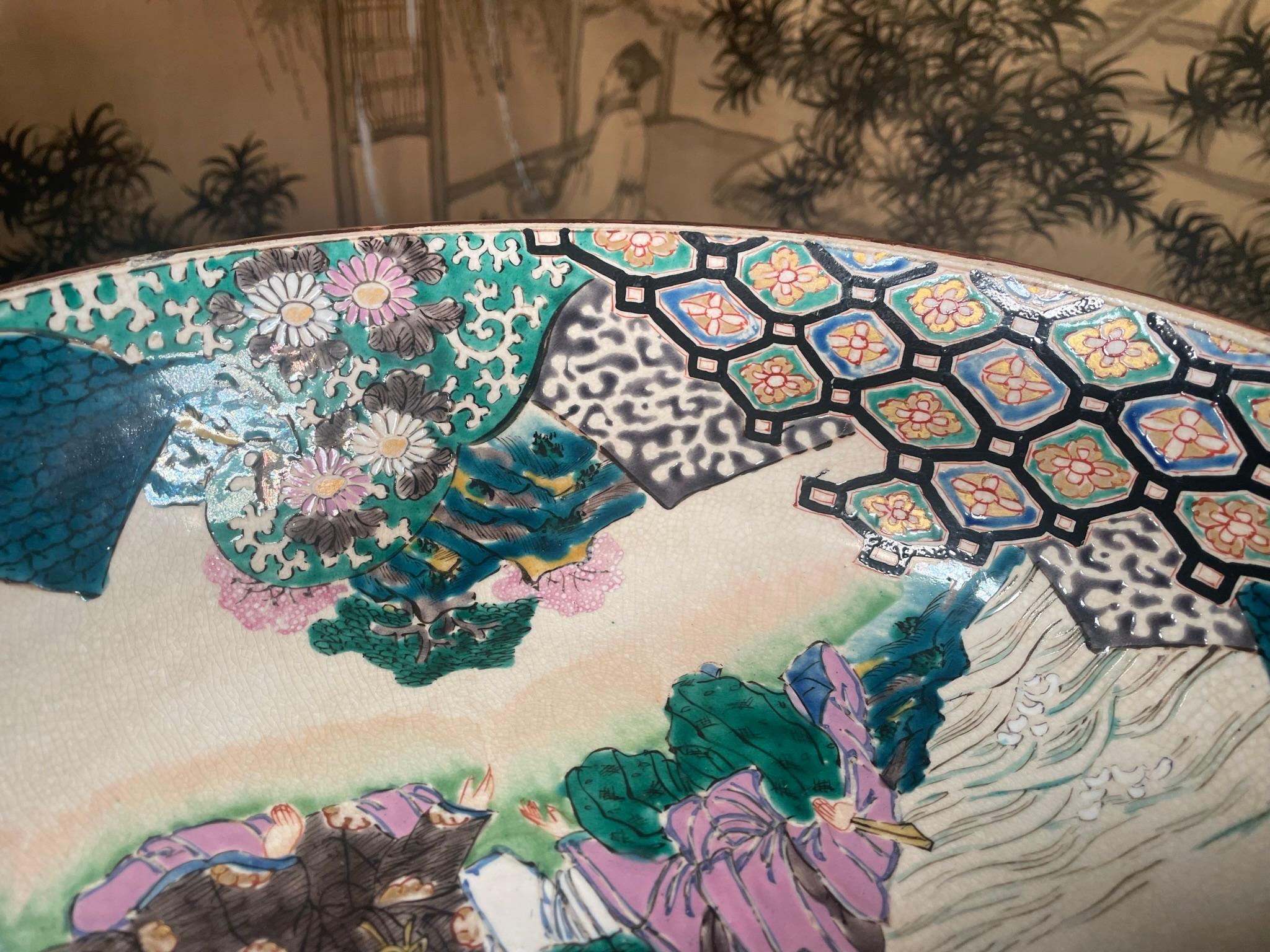 Japan Large Antique Hand Painted Kutani Garden Bowl, Brilliant Colors For Sale 1