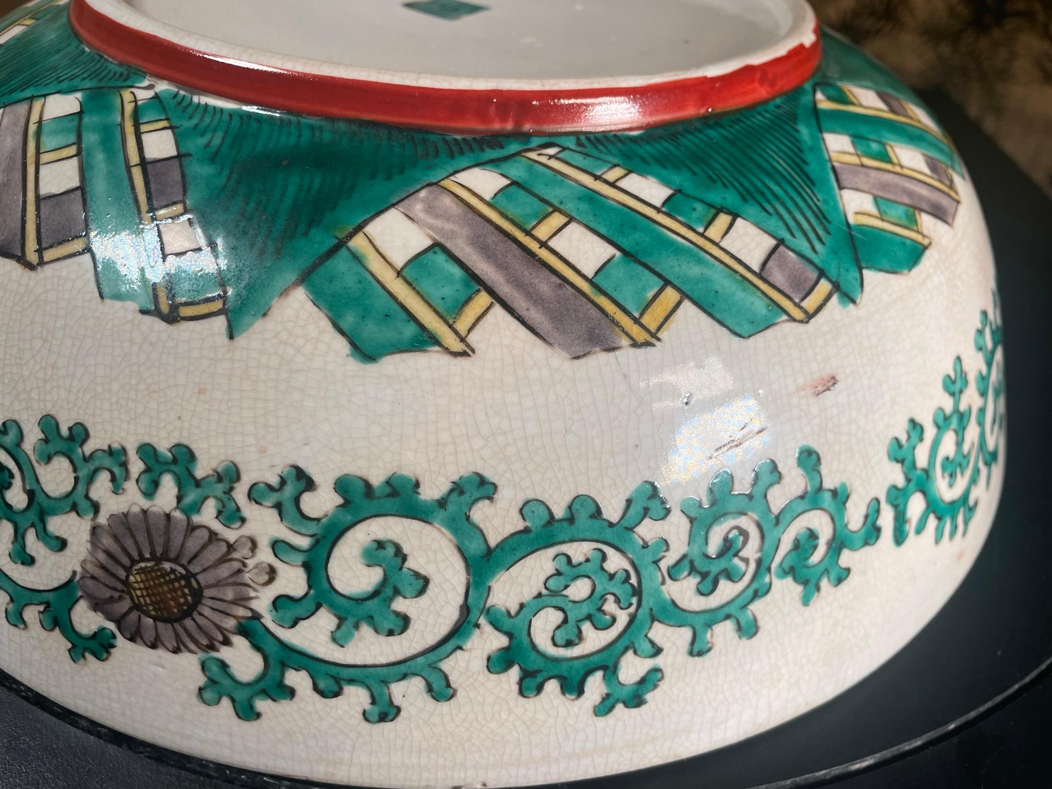 Japan Large Antique Hand Painted Kutani Garden Bowl, Brilliant Colors For Sale 5