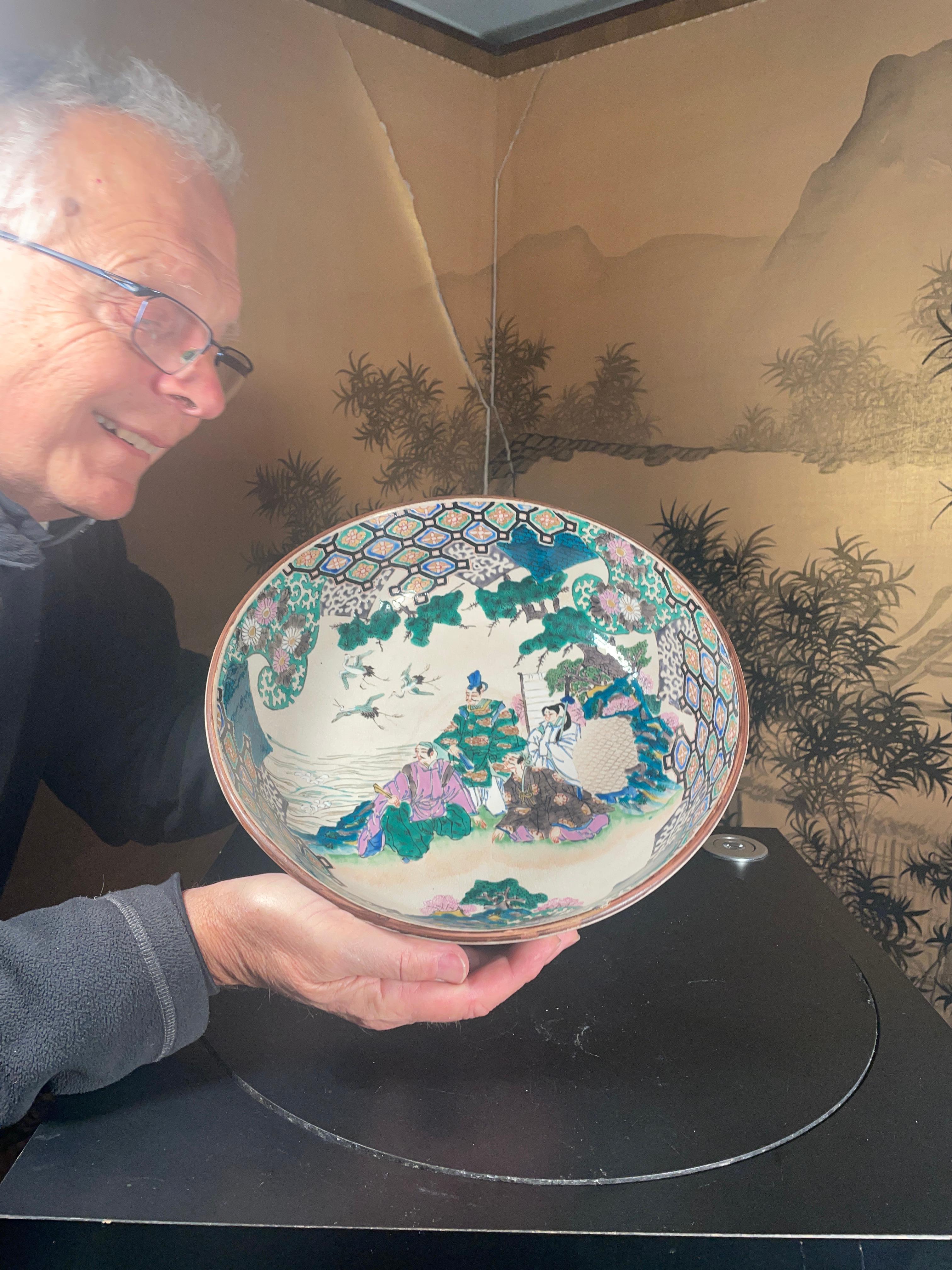 From our recent Japanese Acquisition Travels- a big and lovely big 13 inch diameter hand painted bowl from Japan.

Japan hard to find early hand painted ceramic lush 