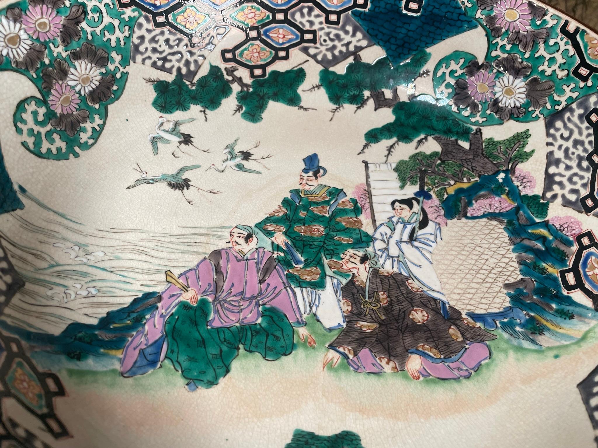 Meiji Japan Large Antique Hand Painted Kutani Garden Bowl, Brilliant Colors For Sale