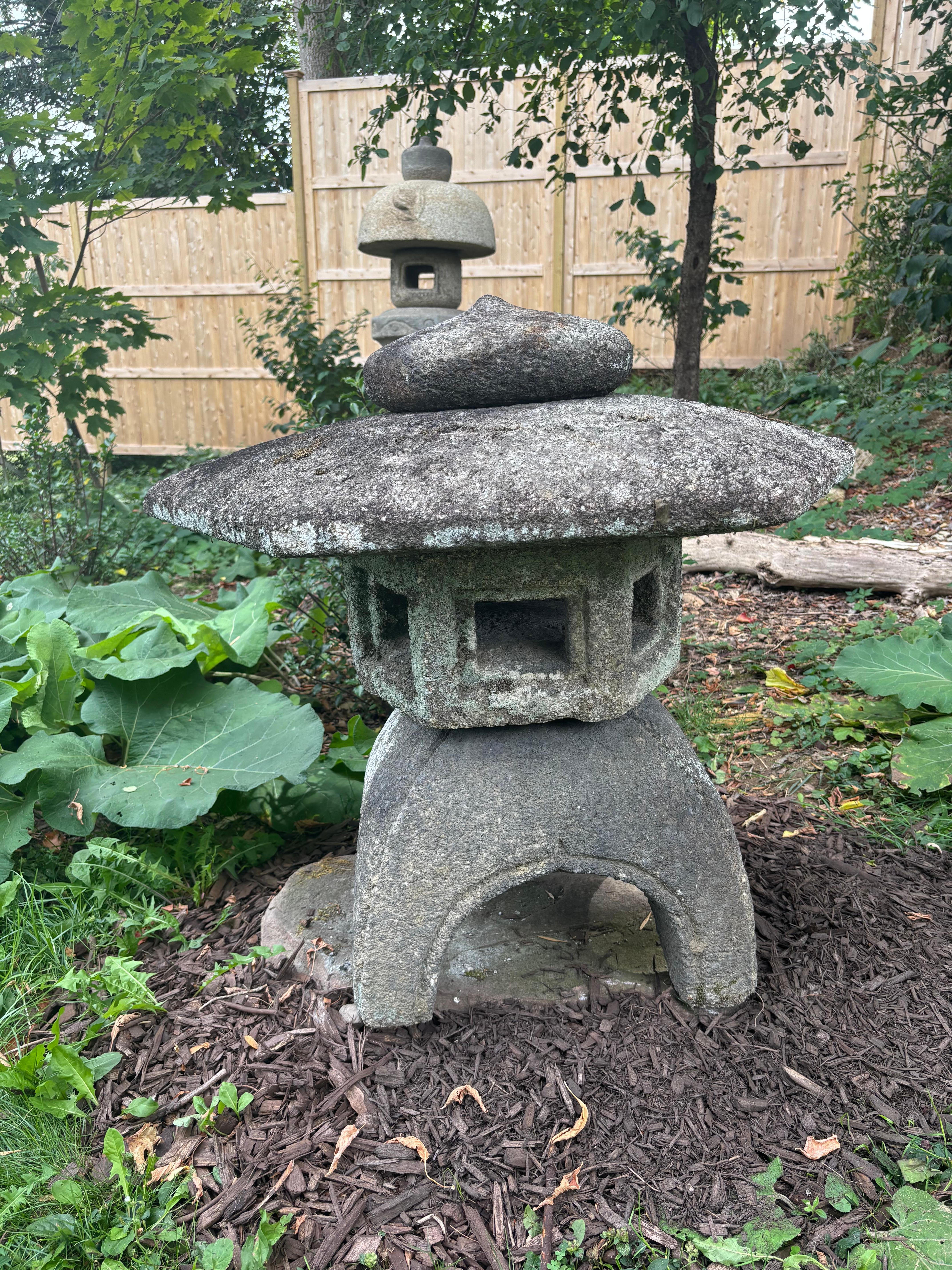 Meiji Japan Large Antique Stone Classic Yukimi Lantern Beautiful Lichen And Details For Sale