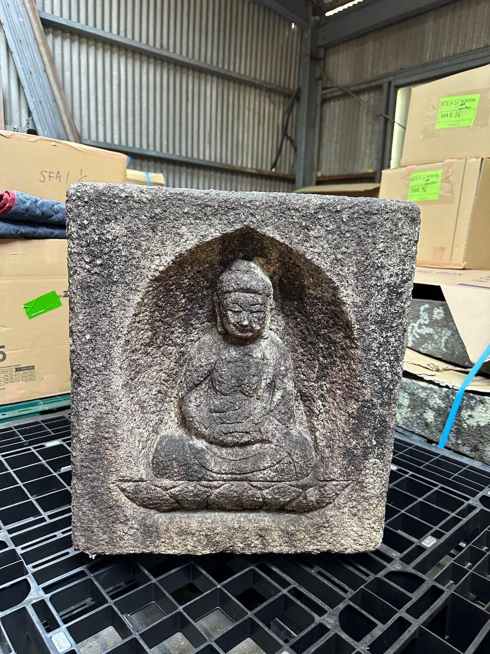 Hand-Carved Japan Large Antique Stone Four Buddhas Water Purification Basin Chozu’bachi For Sale