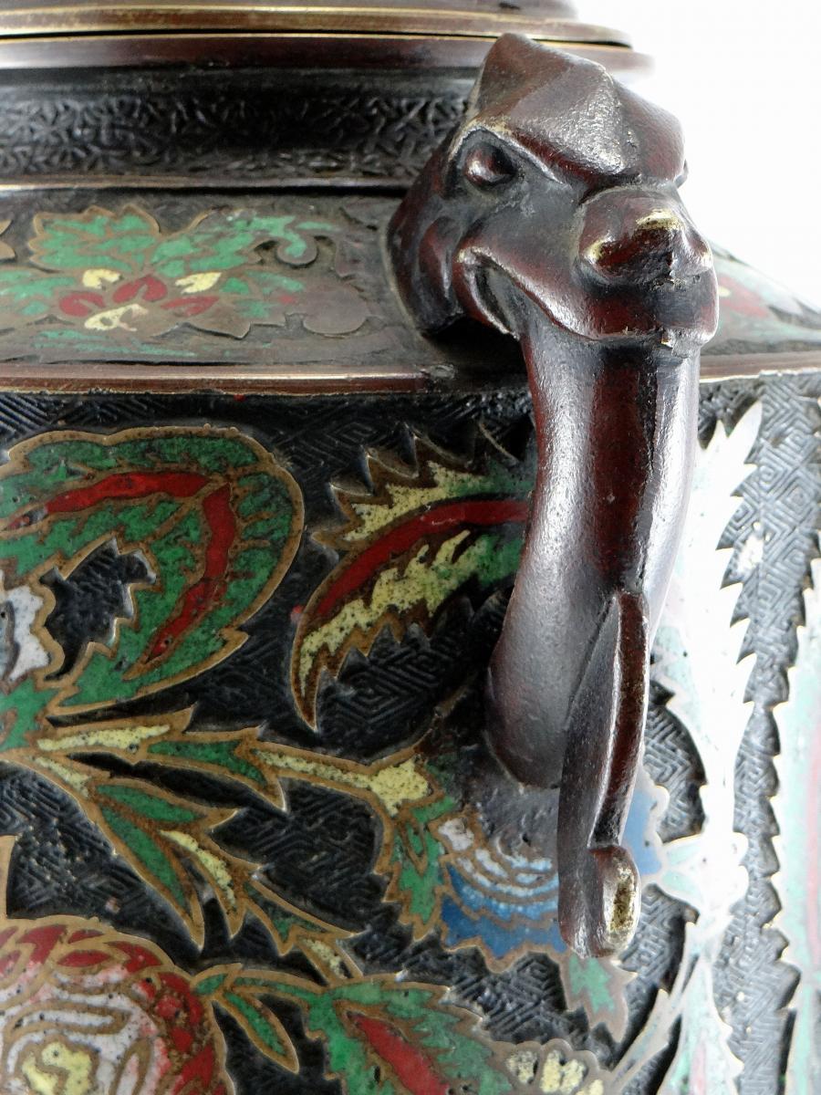 Japan, Late 19th Century, Important Bronze Covered Pot and Cloisonné 3