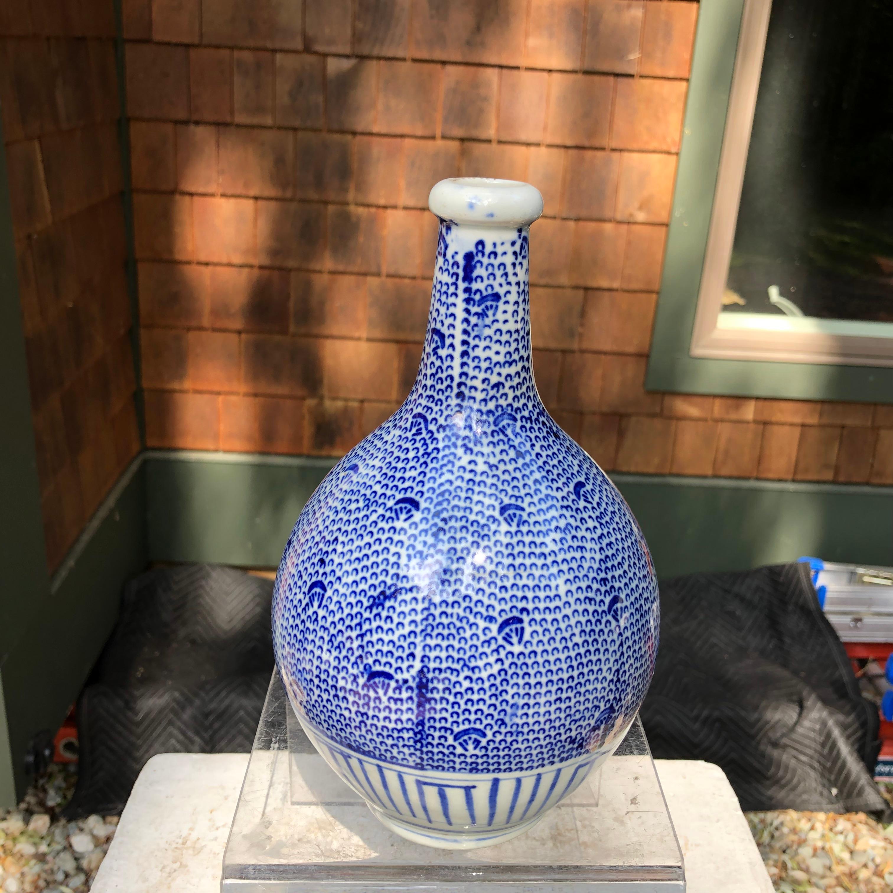 Japan Lovely Old Hand Painted Blue and White Bud Vase, Karakusa Vines, 1930 In Good Condition In South Burlington, VT
