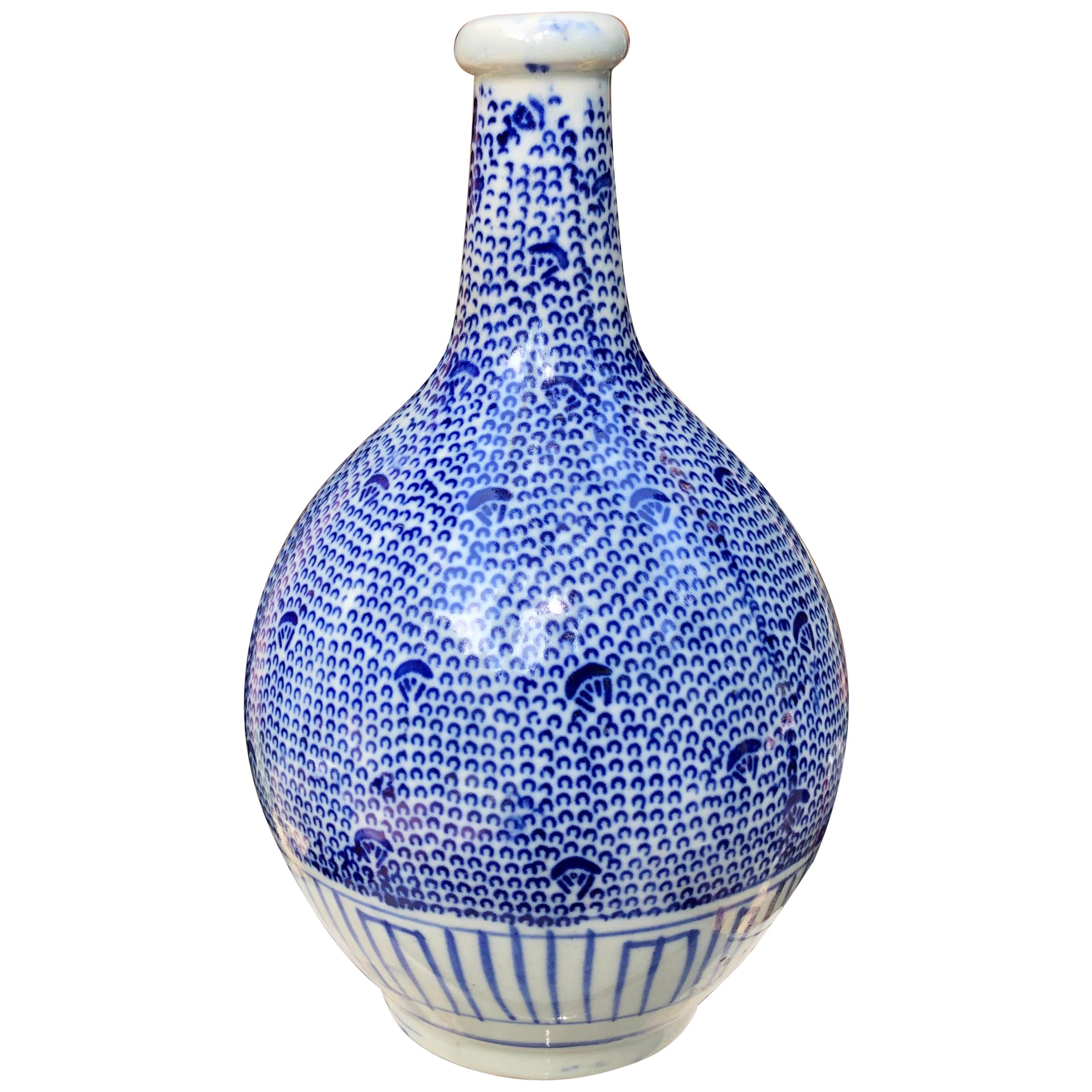 Japan Lovely Old Hand Painted Blue and White Bud Vase, Karakusa Vines, 1930