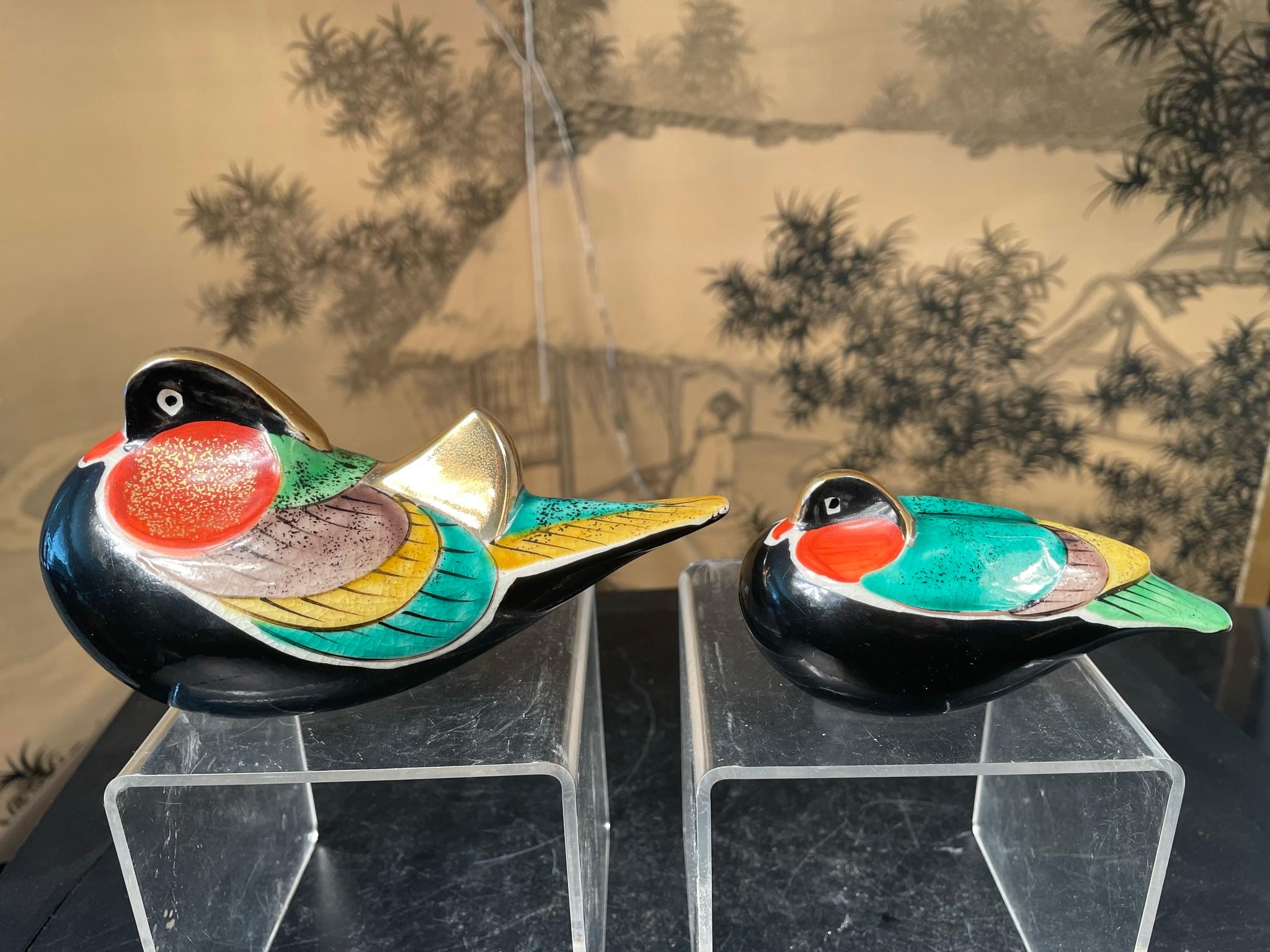 Japan Mandarin Duck Pair Brilliant Hand Painted Colors, Mint, Signed, and Boxed 3