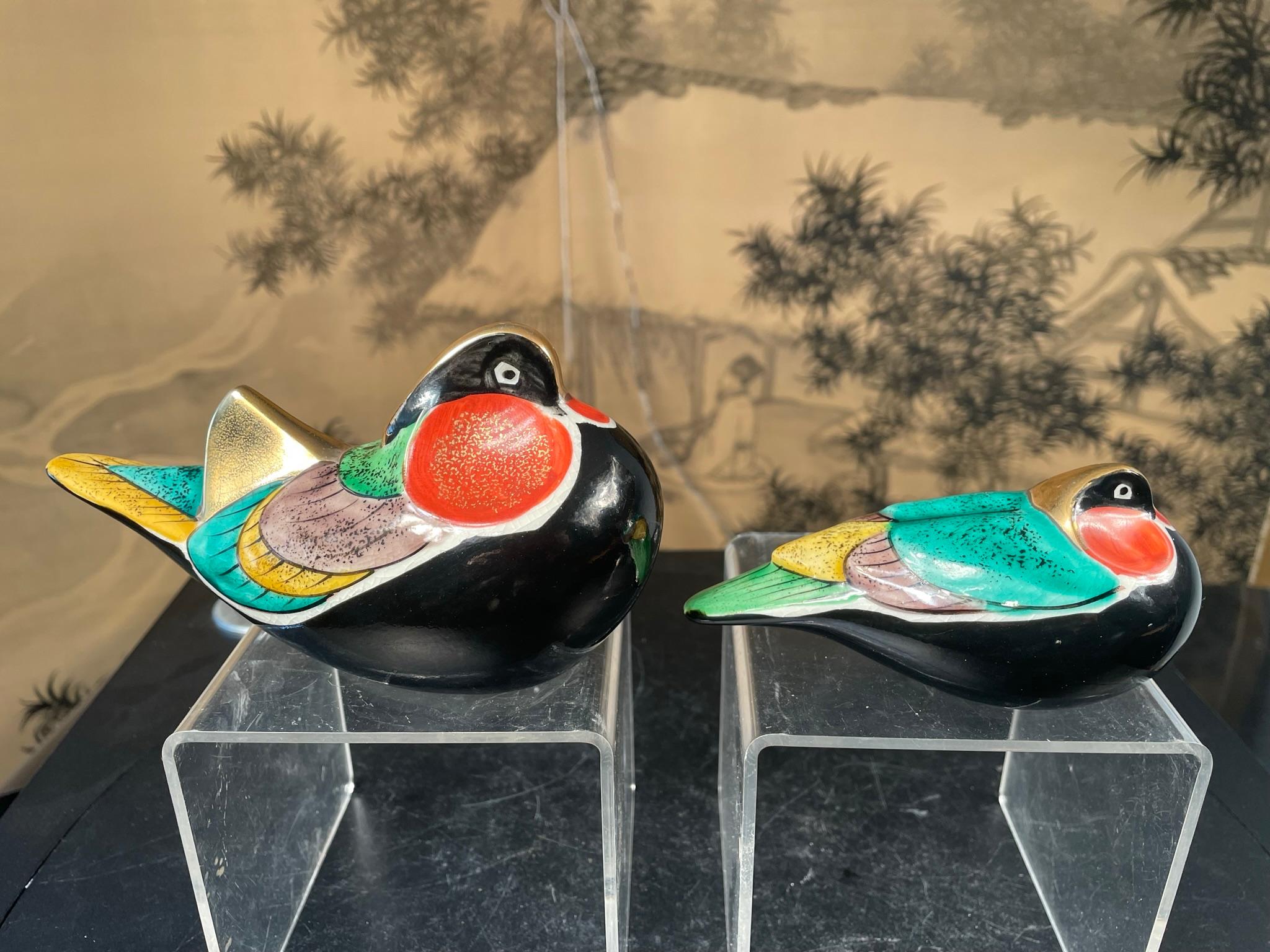 Japan Mandarin Duck Pair Brilliant Hand Painted Colors, Mint, Signed, and Boxed 5