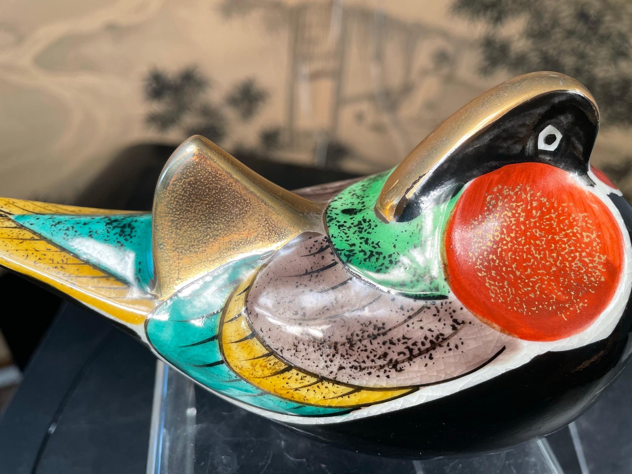 Japan Mandarin Duck Pair Brilliant Hand Painted Colors, Mint, Signed, and Boxed In Good Condition In South Burlington, VT